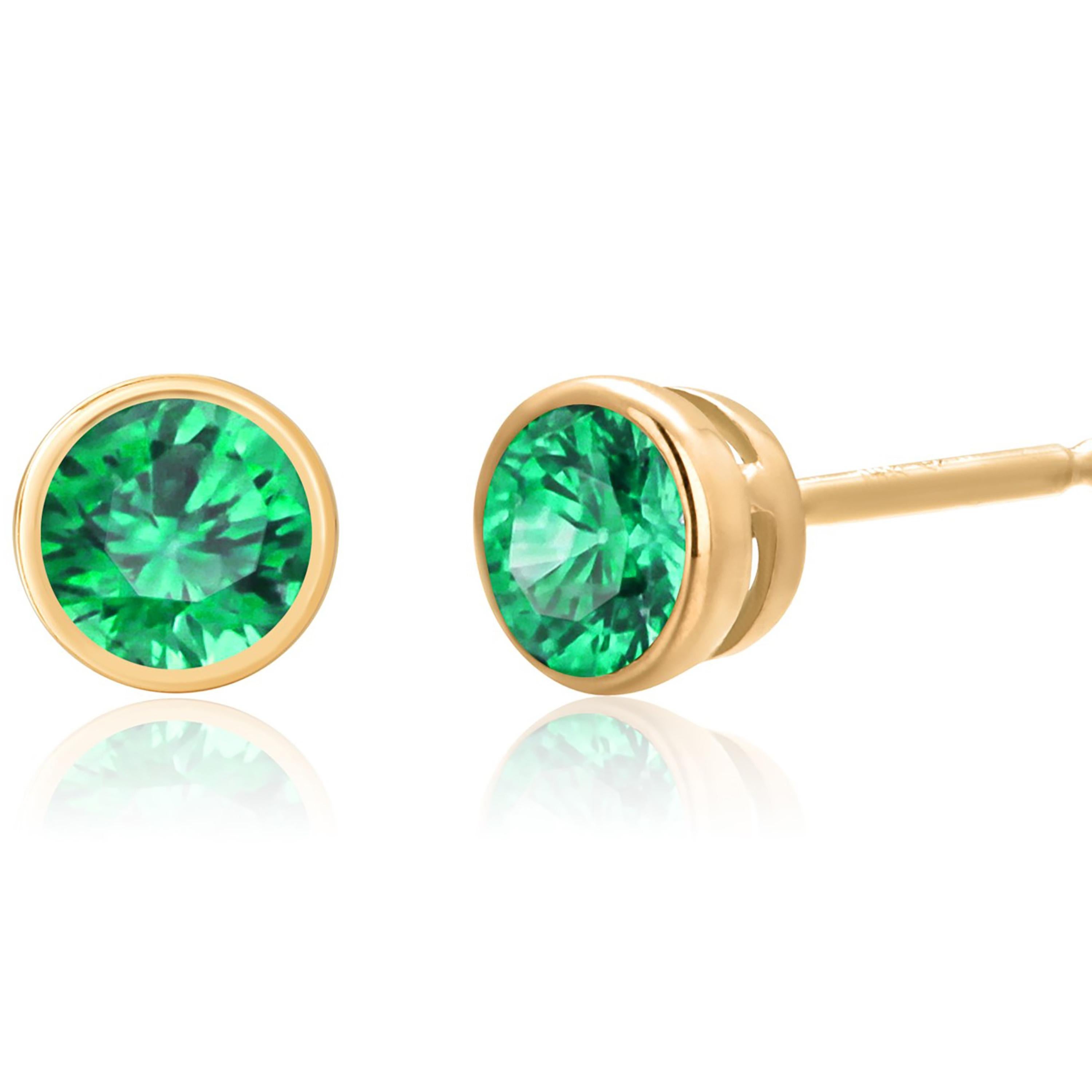 Round Cut  Bezel Set Matched Pair Round Emerald 1.30 Carat 0.30 Inch Yellow Gold Earrings.