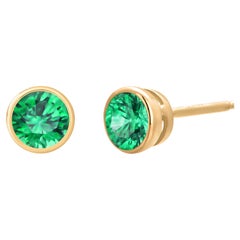  Bezel Set Matched Pair Round Emerald 1.30 Carat 0.30 Inch Yellow Gold Earrings.