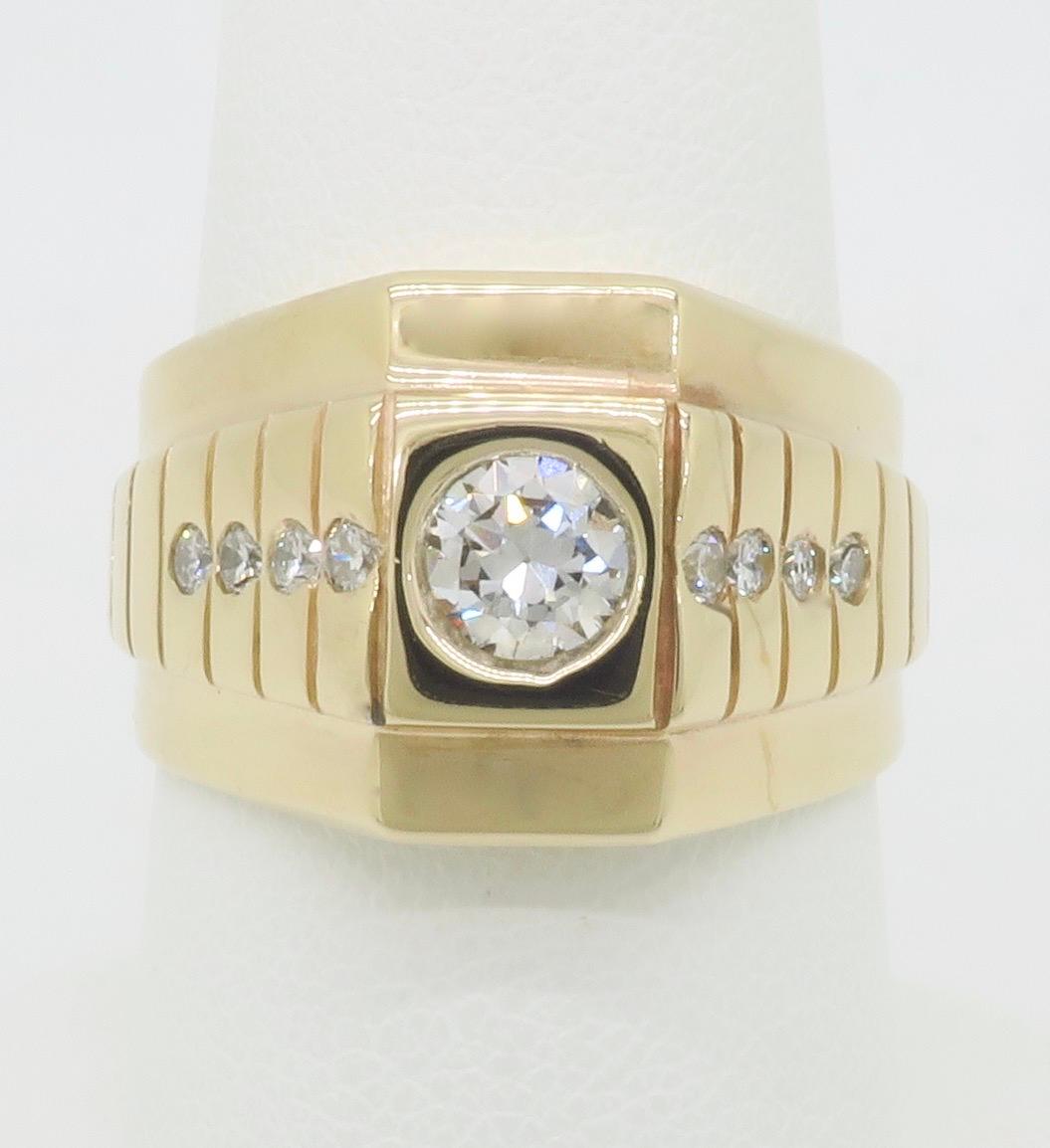 Bezel set diamond ring made in 14k yellow gold with a .52ct Transitional cut center diamond. 

Center Diamond Carat Weight: .52CT Earth Mined
Center Diamond Cut: Transitional Round Cut 
Center Diamond Color: H
Center Diamond Clarity: VS1
Total