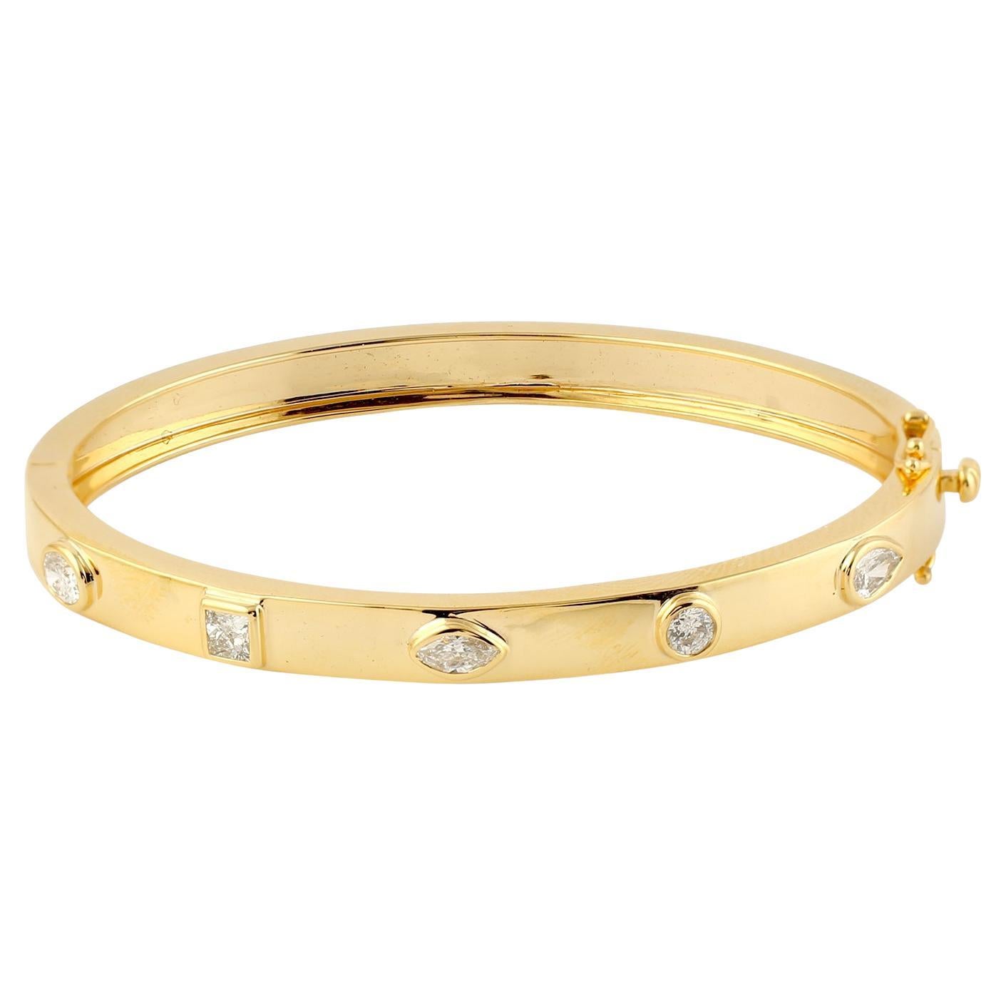 Bezel Set Multi Shape Diamonds Bangle Made In 18K Yellow Gold For Sale