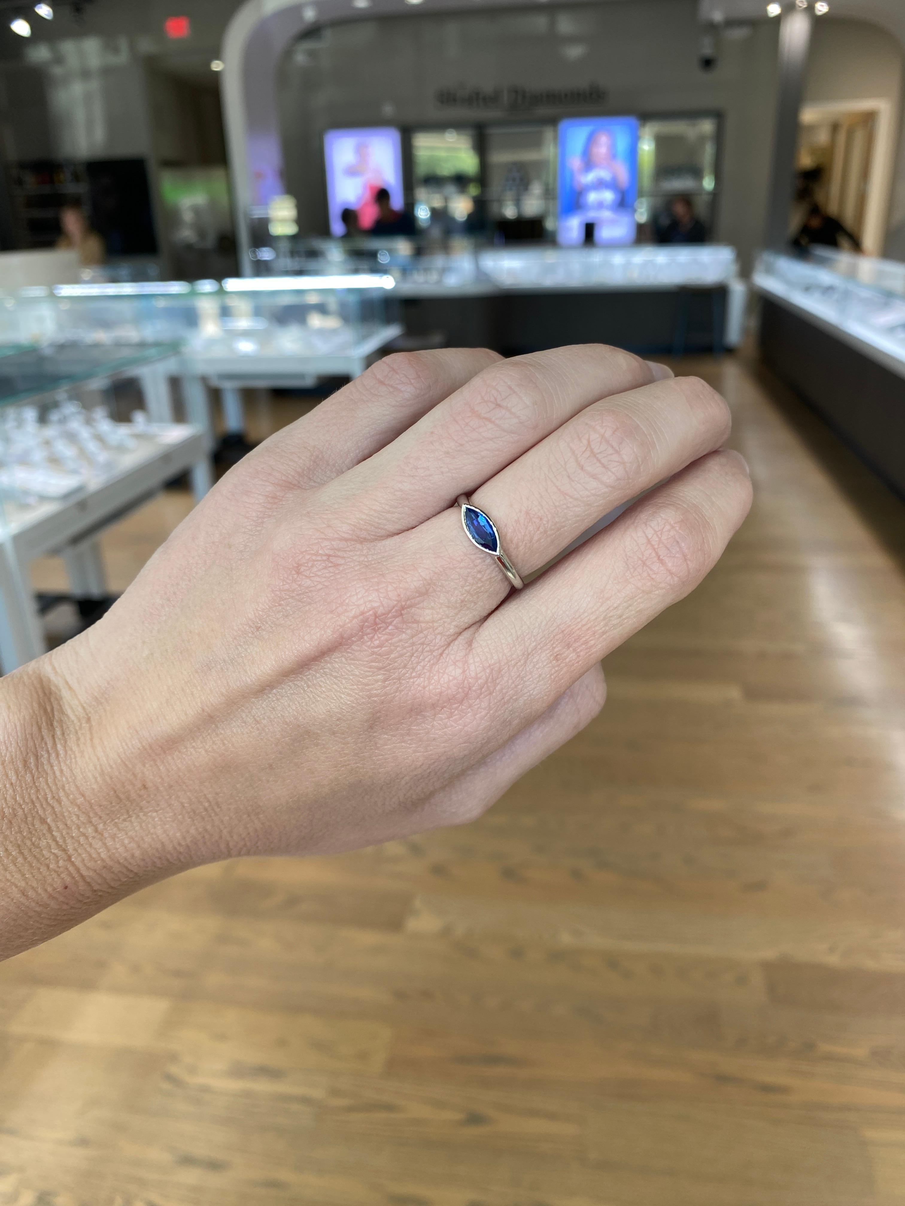 Marquise Cut Bezel Set Natural Marquise-Shaped Sapphire 14 Karat White Gold Ring For Sale