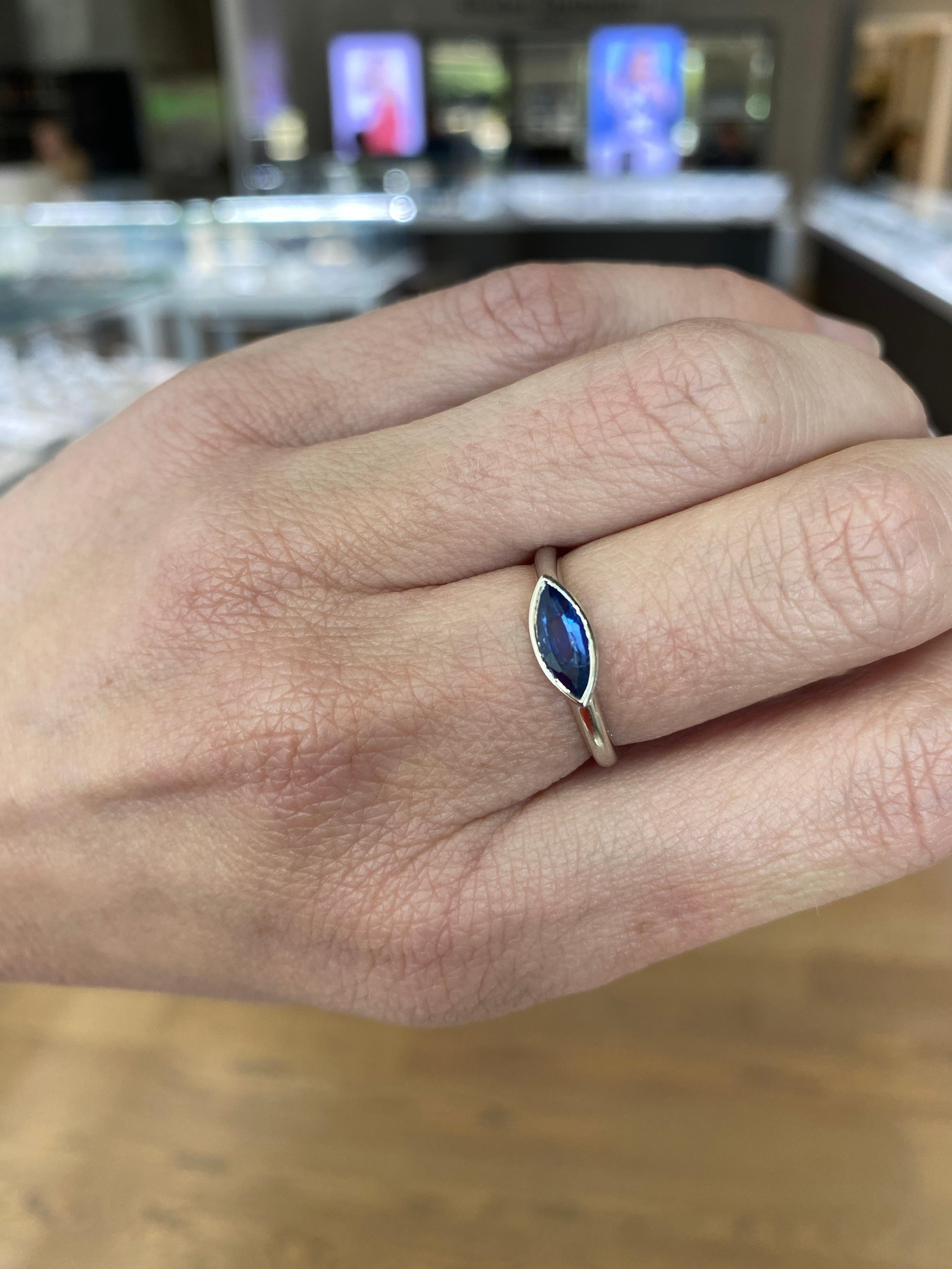 Women's or Men's Bezel Set Natural Marquise-Shaped Sapphire 14 Karat White Gold Ring For Sale