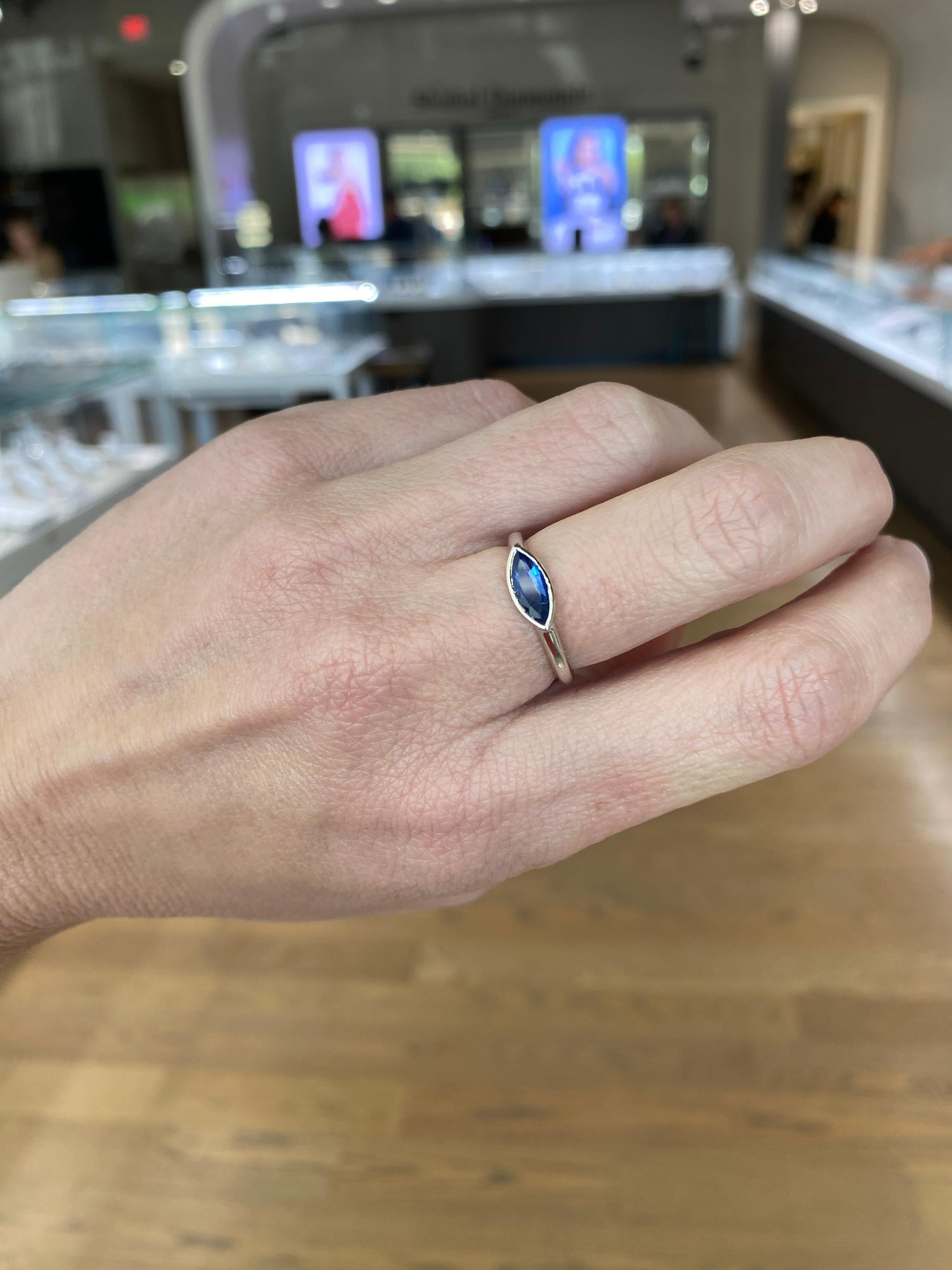 Bezel Set Natural Marquise-Shaped Sapphire 14 Karat White Gold Ring For Sale 1