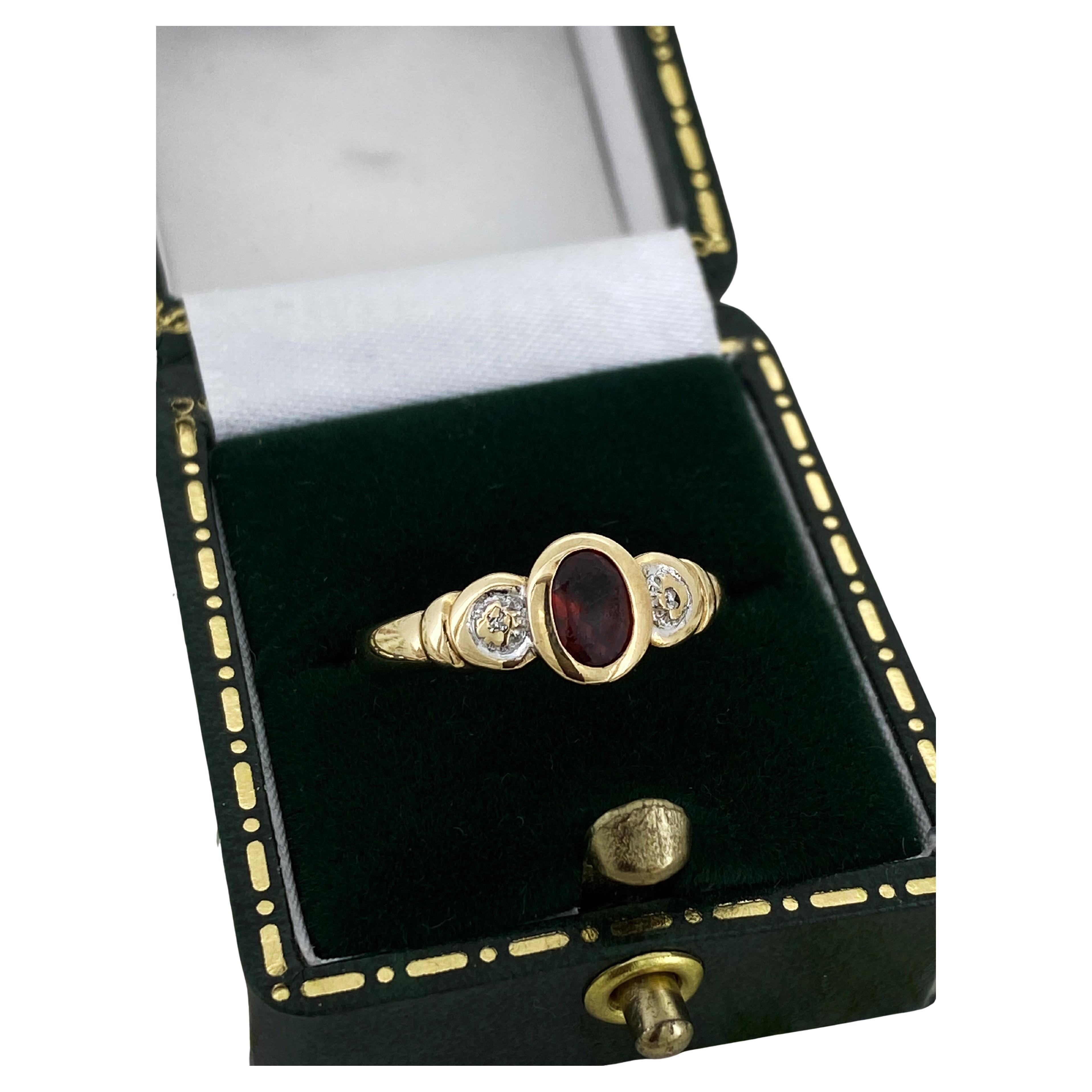 Bezel Set Natural Oval Garnet 9K Yellow Gold Vintage Dress Ring For Sale
