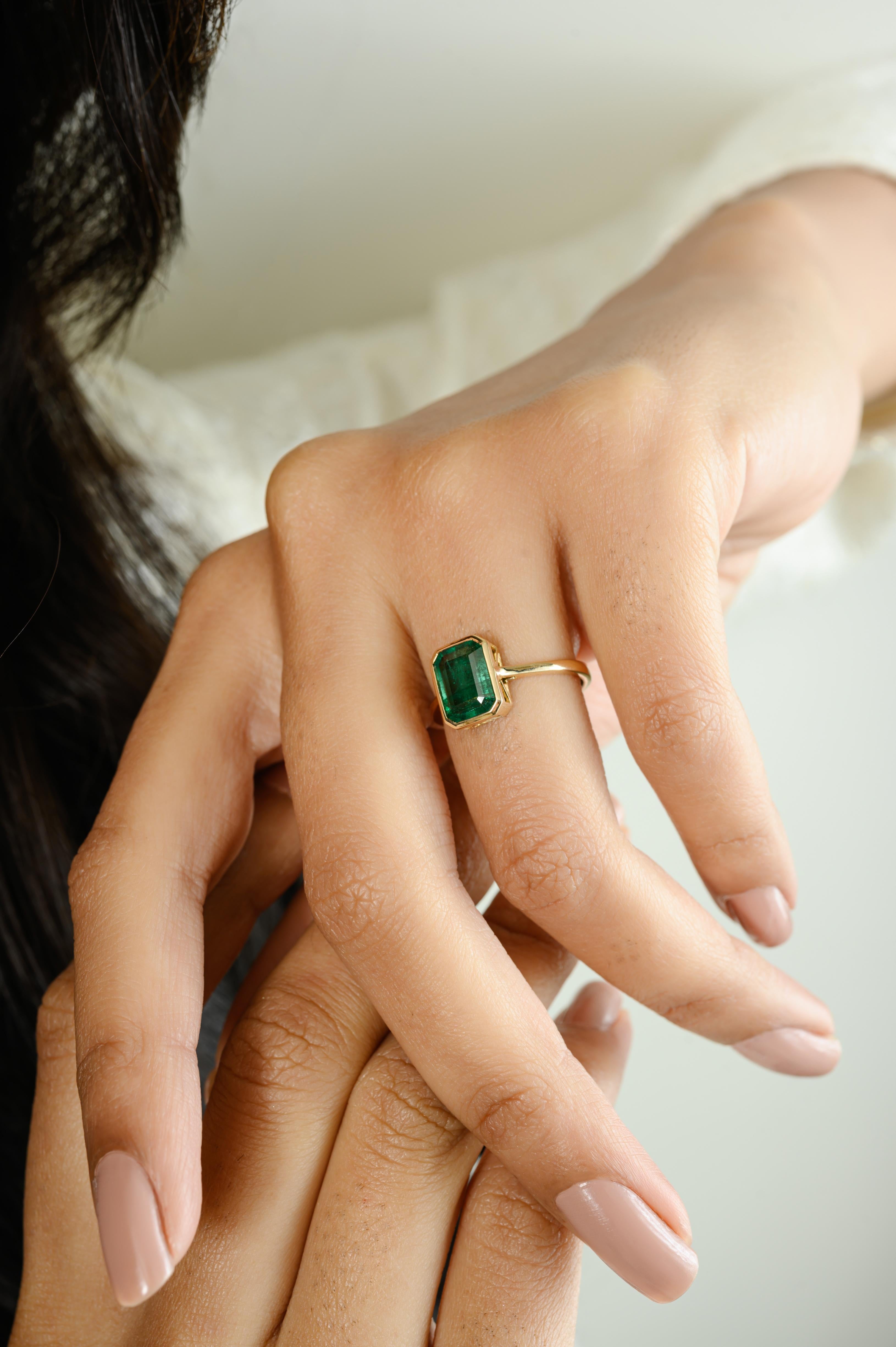 For Sale:  Bezel Set Octagon Emerald Everyday May Birthstone Ring in 14k Yellow Gold 3