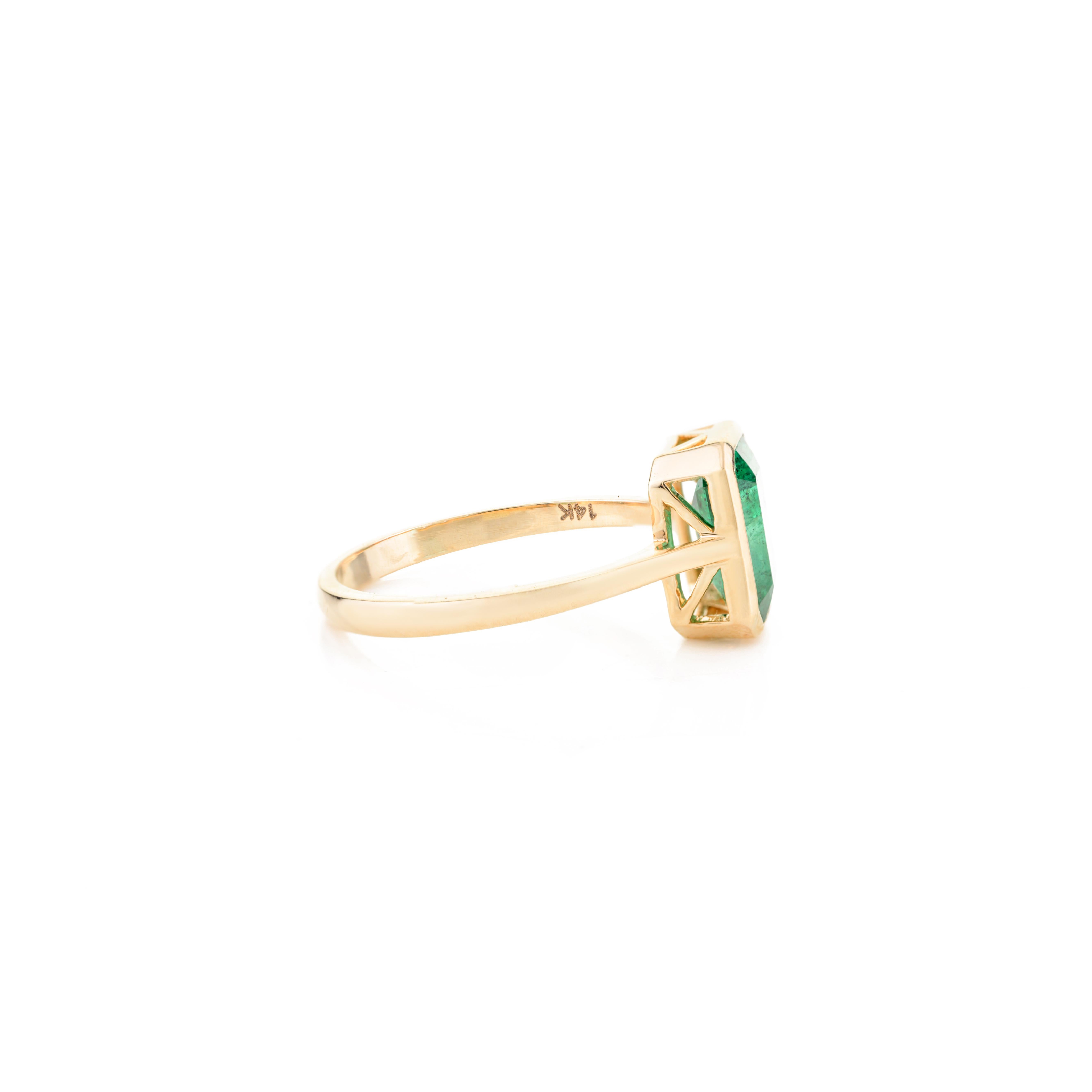 For Sale:  Bezel Set Octagon Emerald Everyday May Birthstone Ring in 14k Yellow Gold 4