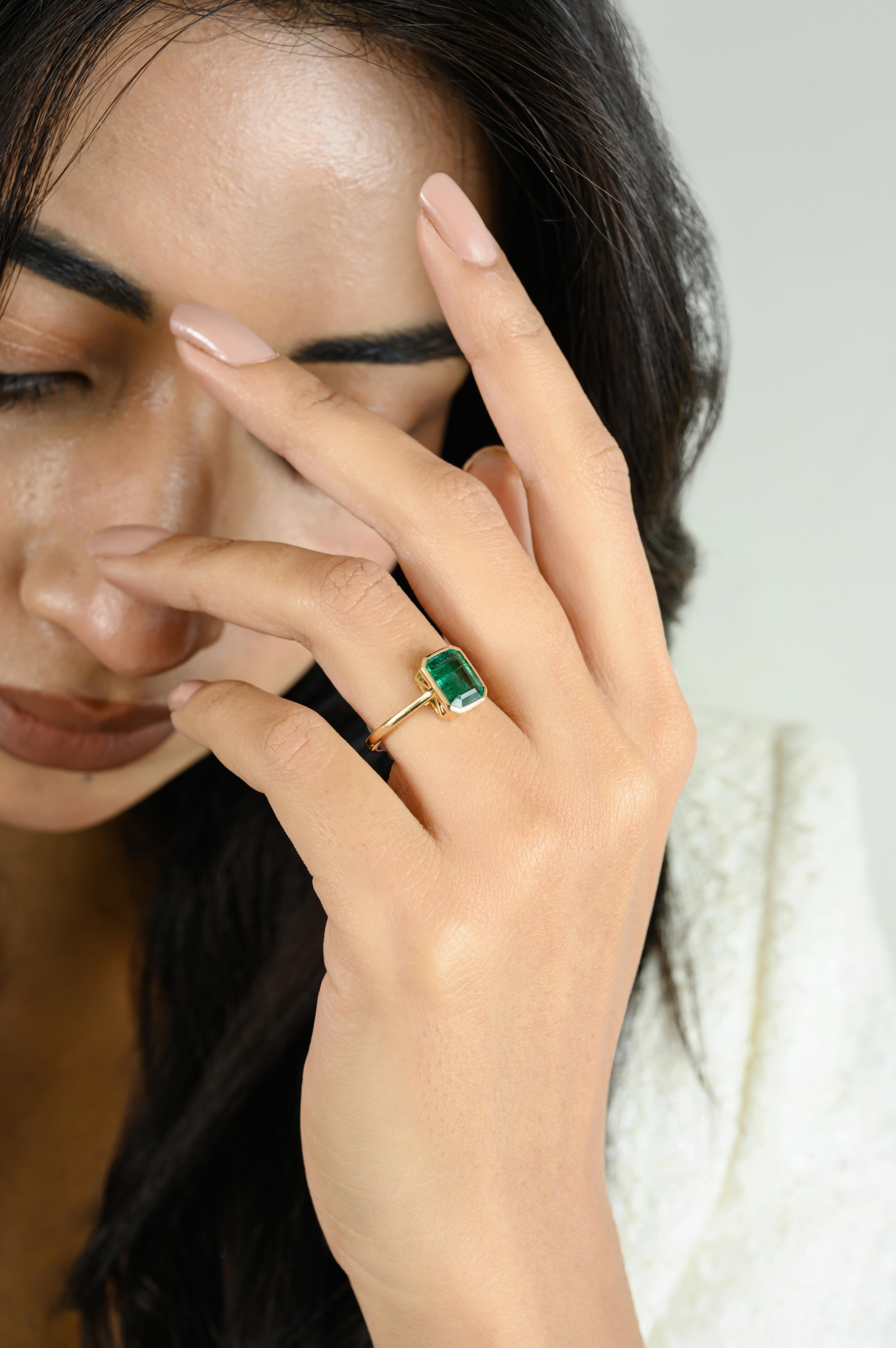 For Sale:  Bezel Set Octagon Emerald Everyday May Birthstone Ring in 14k Yellow Gold 5