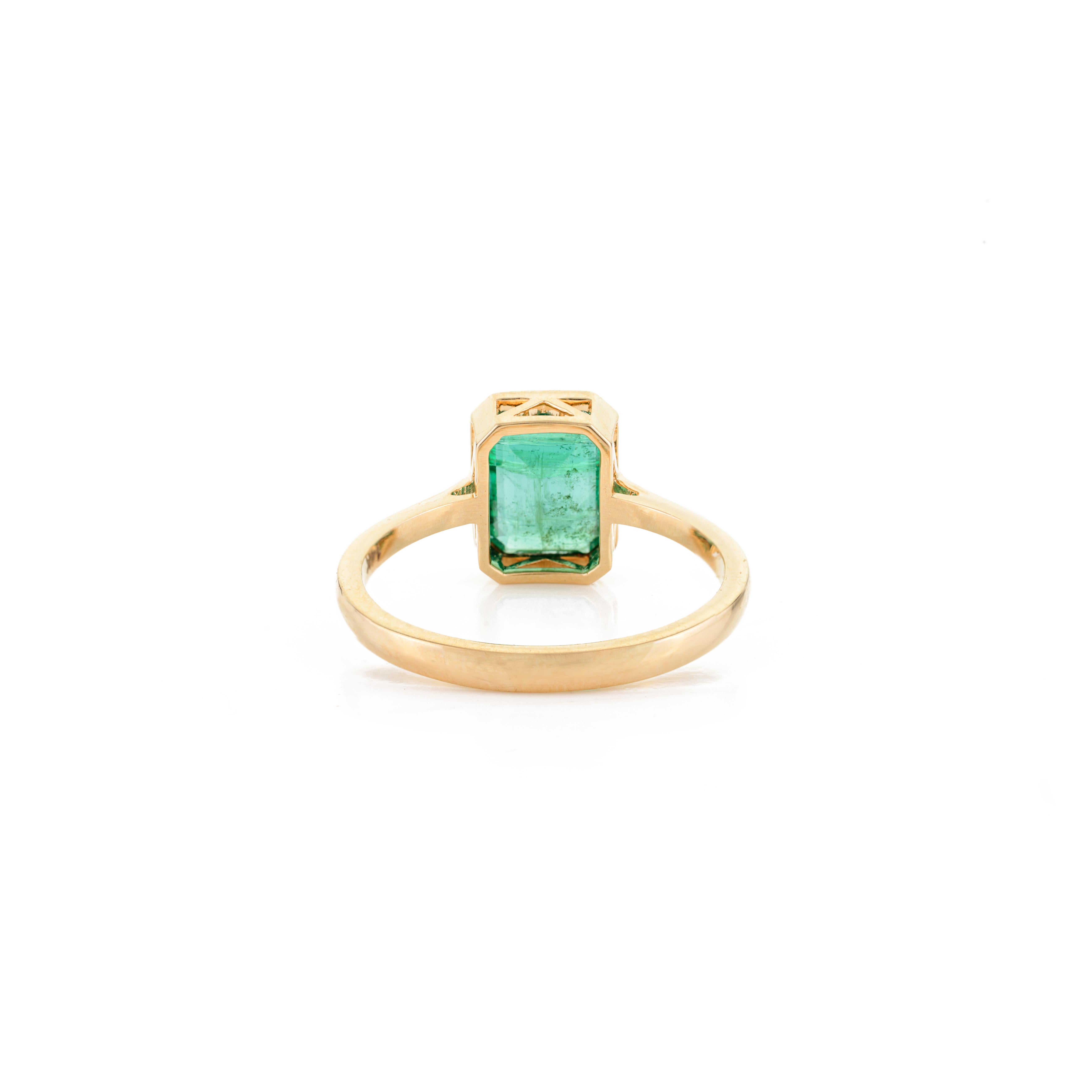 For Sale:  Bezel Set Octagon Emerald Everyday May Birthstone Ring in 14k Yellow Gold 6