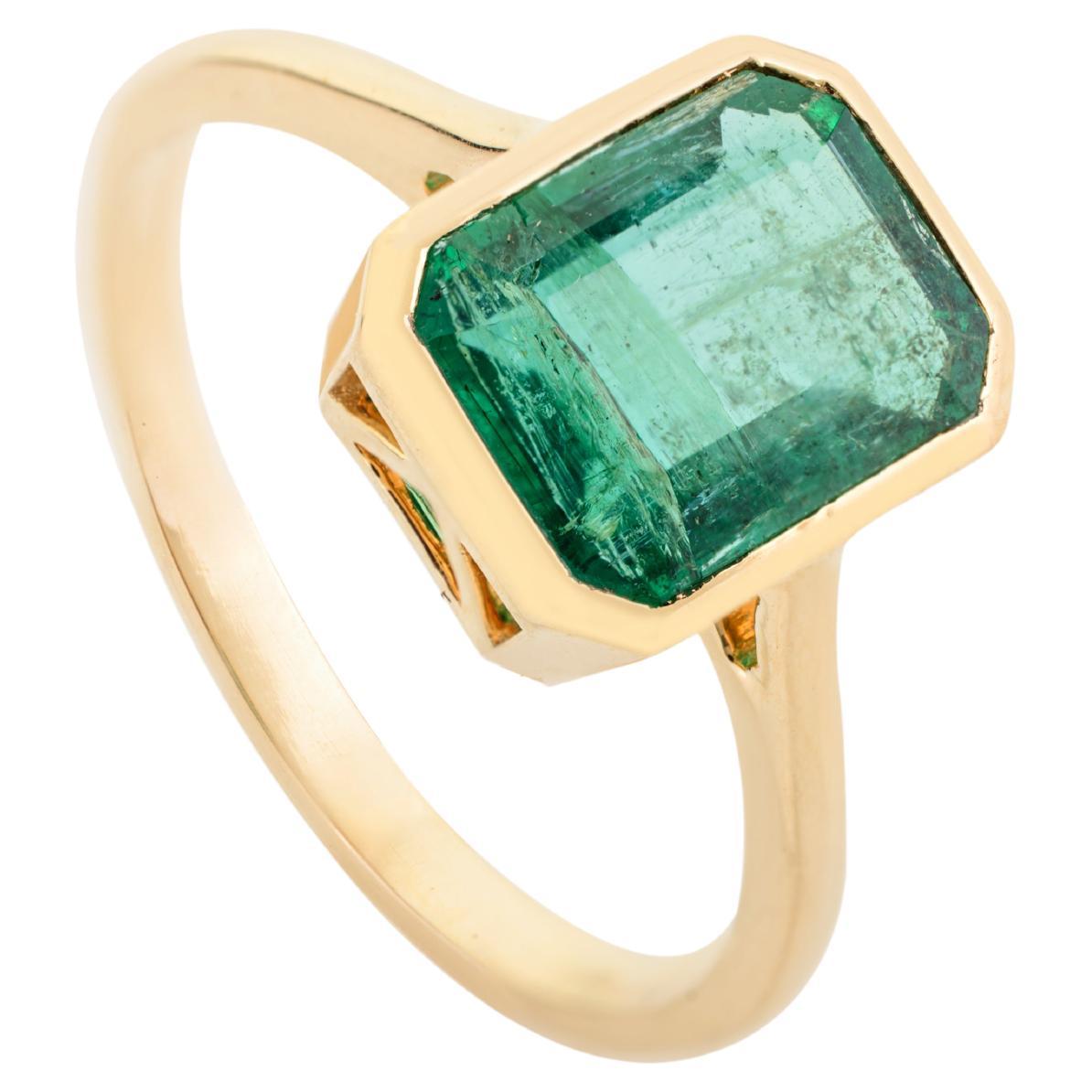 Bezel Set Octagon Emerald Everyday May Birthstone Ring in 14k Yellow Gold