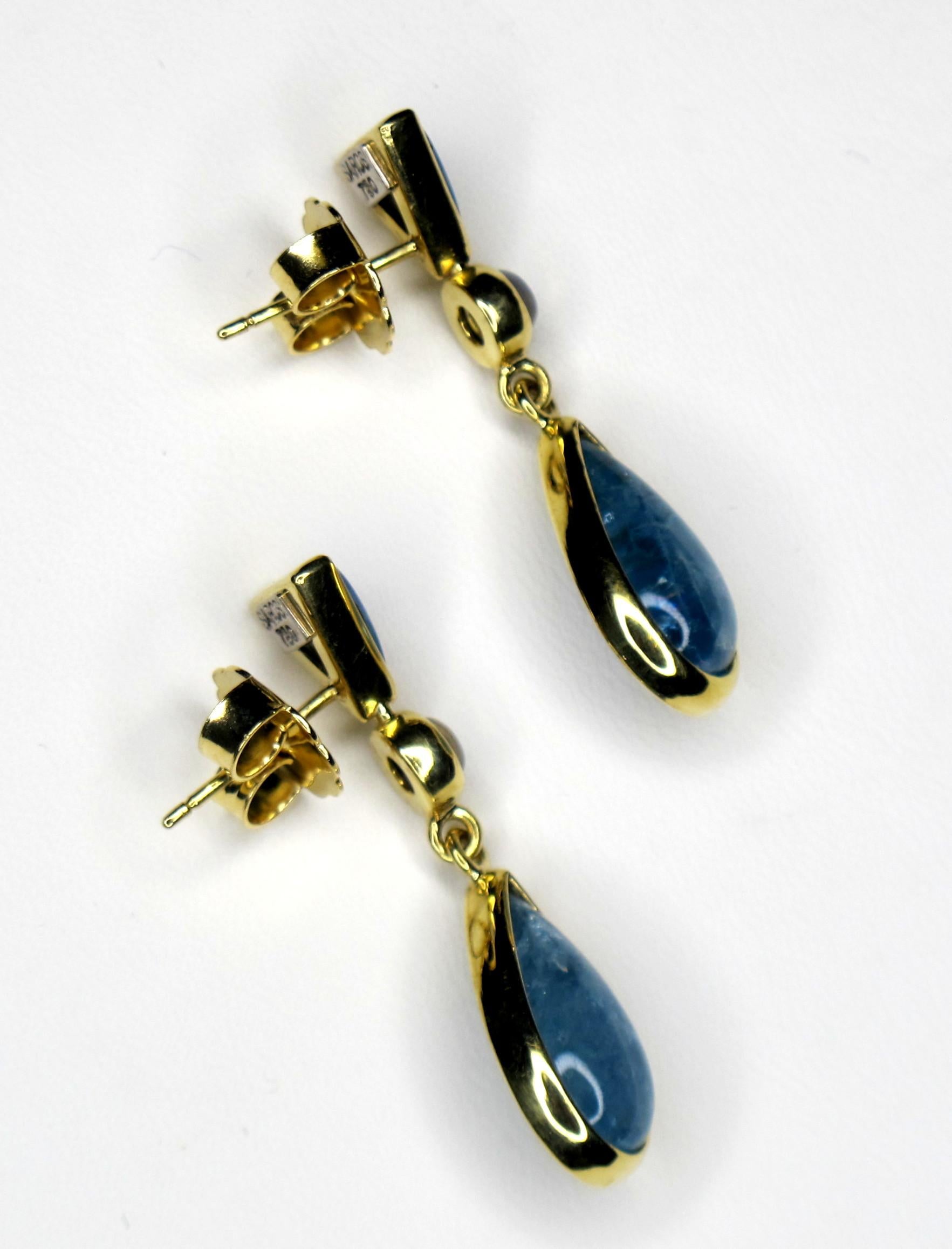 Bezel Set Opal, Moonstone and Aquamarine Cabochon 18 Karat Yellow Gold Earrings In New Condition In Los Angeles, CA