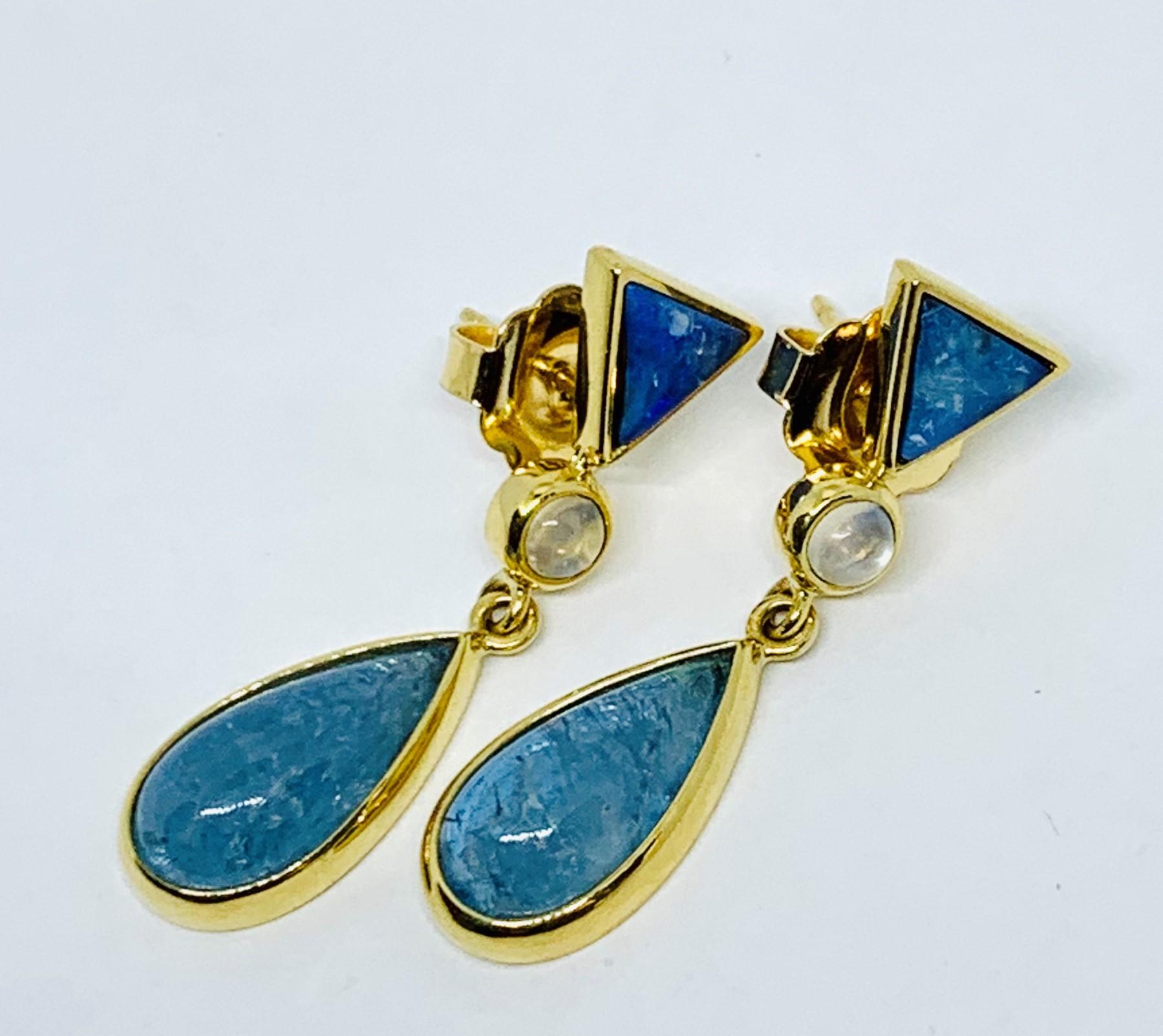 Women's Bezel Set Opal, Moonstone and Aquamarine Cabochon 18 Karat Yellow Gold Earrings