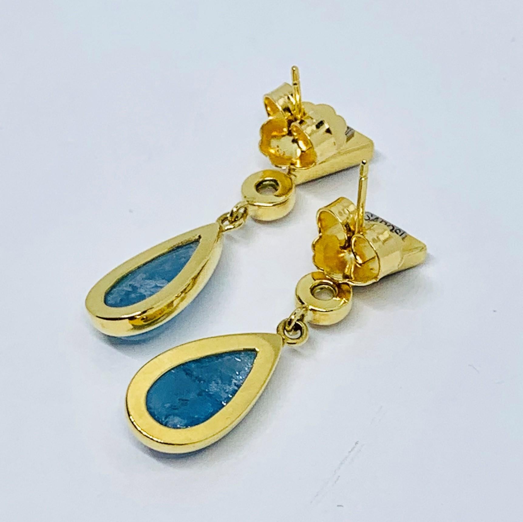 Bezel Set Opal, Moonstone and Aquamarine Cabochon 18 Karat Yellow Gold Earrings 1
