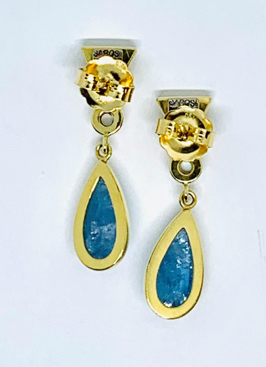 Bezel Set Opal, Moonstone and Aquamarine Cabochon 18 Karat Yellow Gold Earrings 2