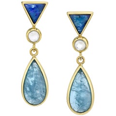 Bezel Set Opal, Moonstone and Aquamarine Cabochon 18 Karat Yellow Gold Earrings