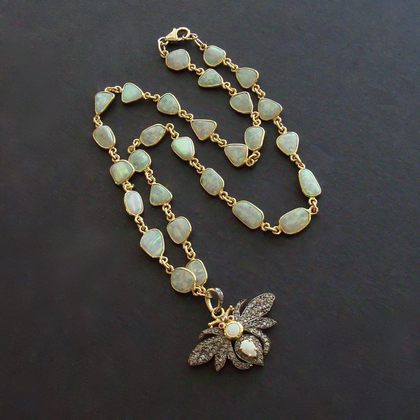 Artisan Bezel Set Opal Slices Necklace with Diamond/Opal/Ruby Bee Pedant, Devora Neckla