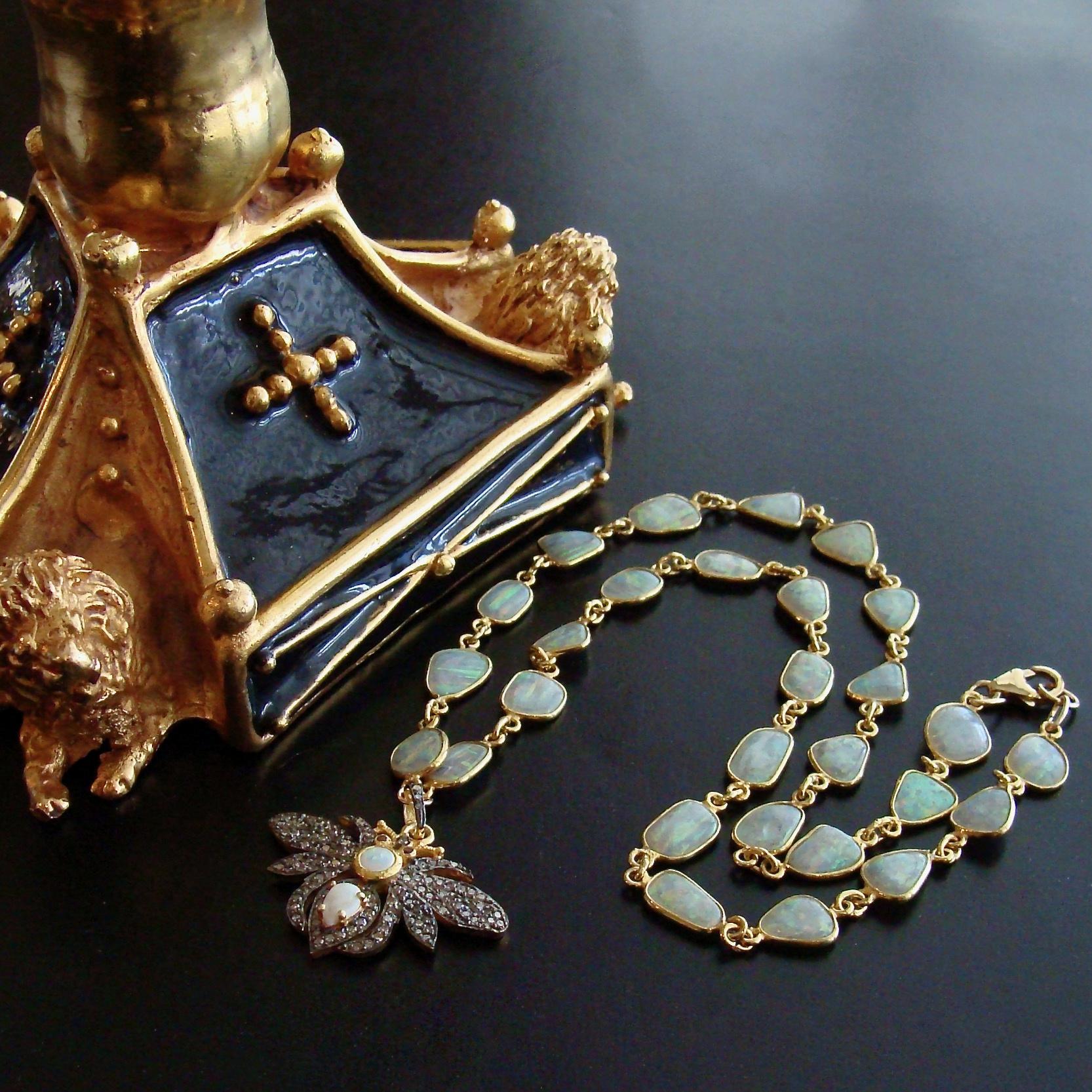 Women's Bezel Set Opal Slices Necklace with Diamond/Opal/Ruby Bee Pedant, Devora Neckla