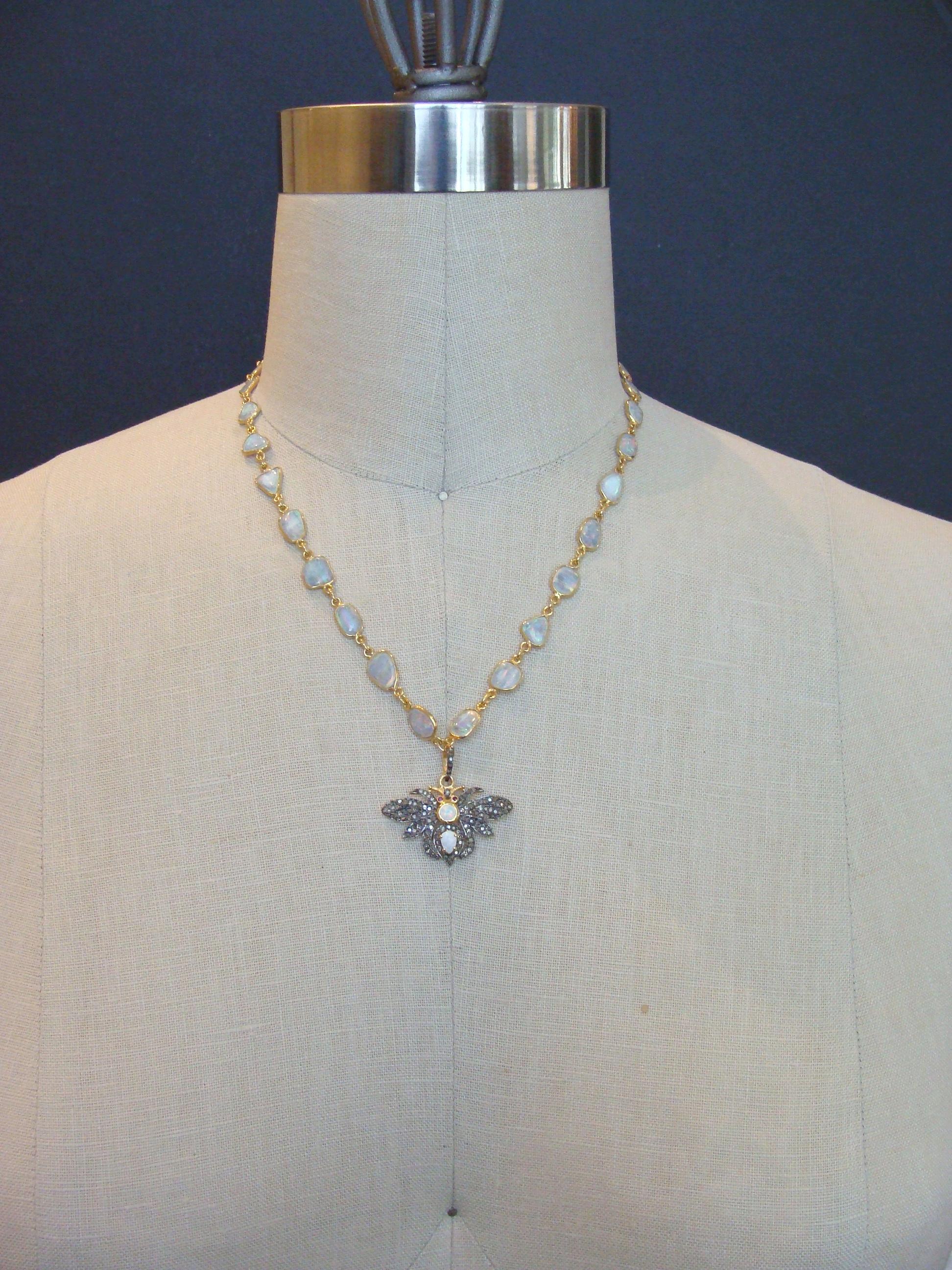 Bezel Set Opal Slices Necklace with Diamond/Opal/Ruby Bee Pedant, Devora Neckla 2