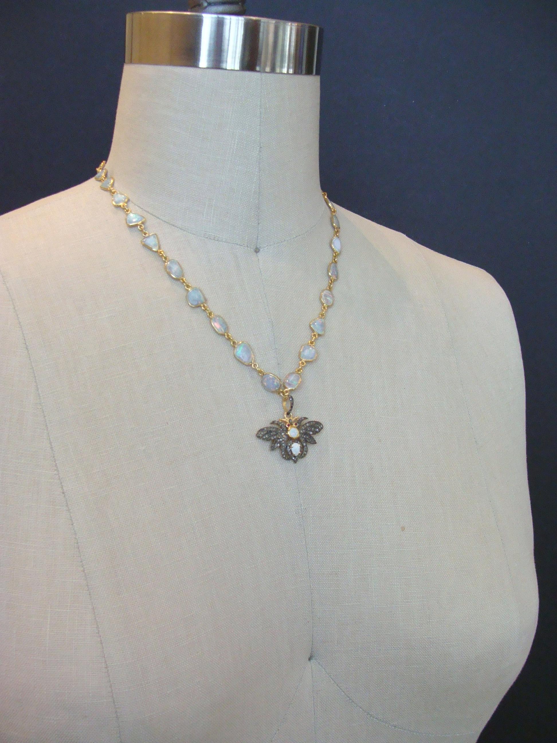 Bezel Set Opal Slices Necklace with Diamond/Opal/Ruby Bee Pedant, Devora Neckla 3