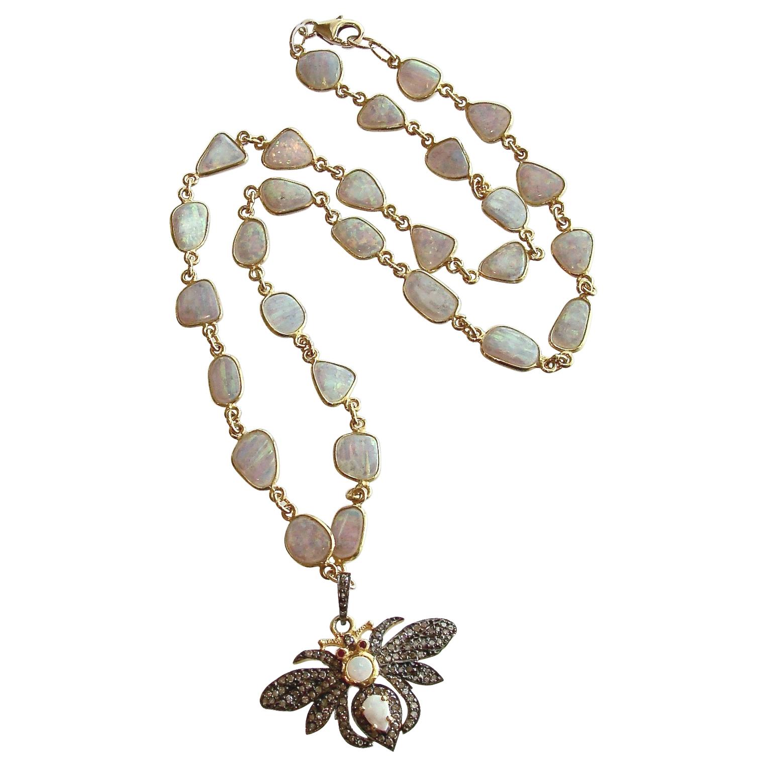 Bezel Set Opal Slices Necklace with Diamond/Opal/Ruby Bee Pedant, Devora Neckla
