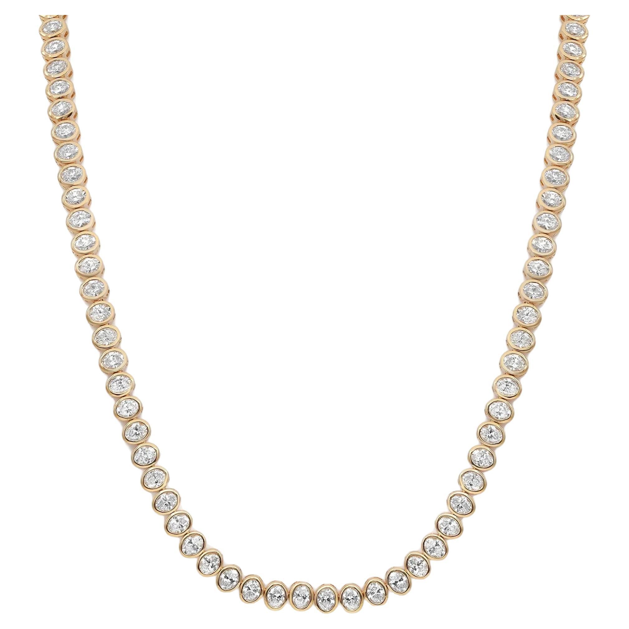 Bezel Set Oval Cut Diamond Tennis Necklace 18K White Gold 14.76Cttw 17 Inches For Sale