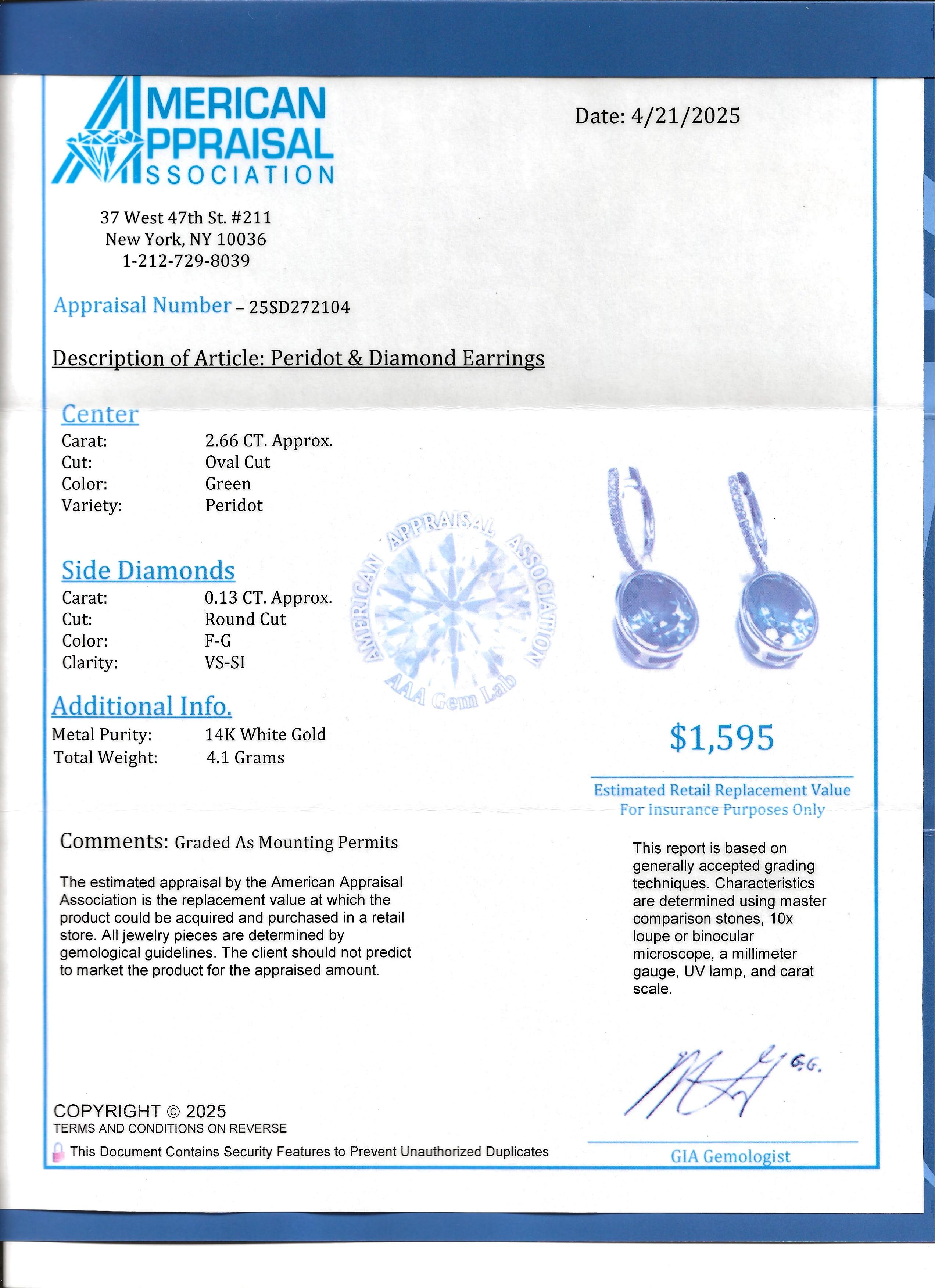Bezel Set Oval Cut Peridot Dangle Earrings with Diamonds in 14 Karat White Gold For Sale 7