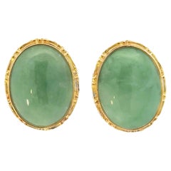 Bezel Set Oval Green Cabochon Jade Omega Back Earrings 14K Yellow Gold