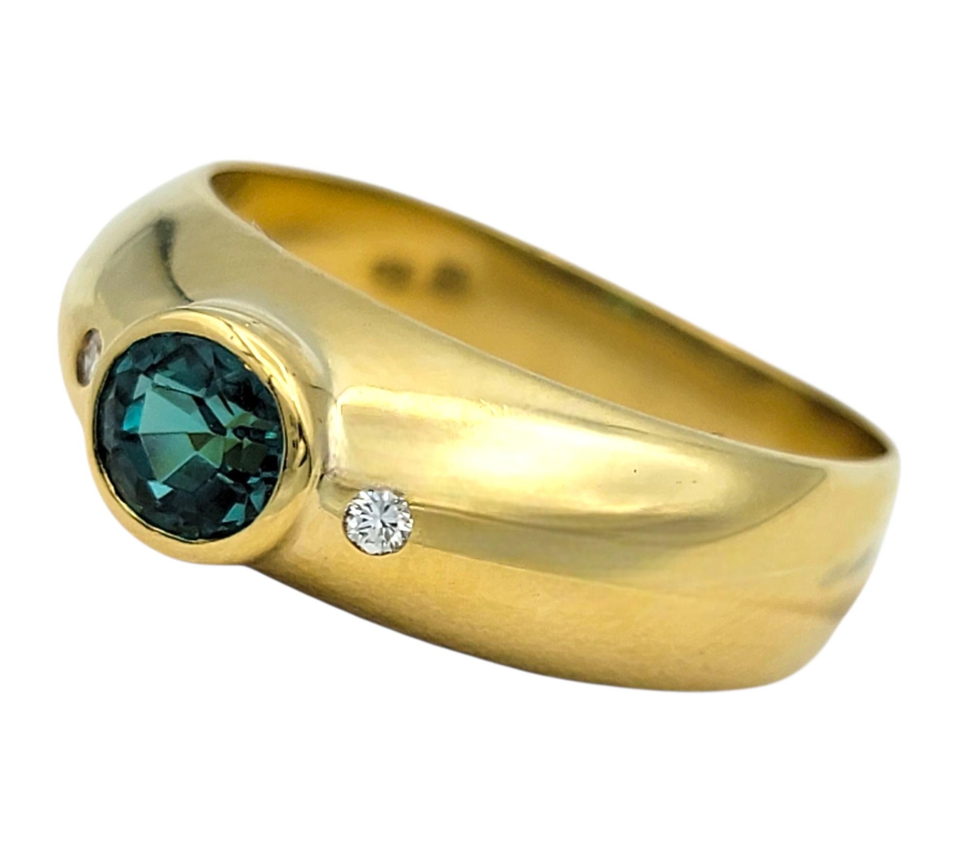 Oval Cut Bezel Set Oval Paraiba Tourmaline and Diamond Band Ring in 18 Karat Yellow Gold For Sale