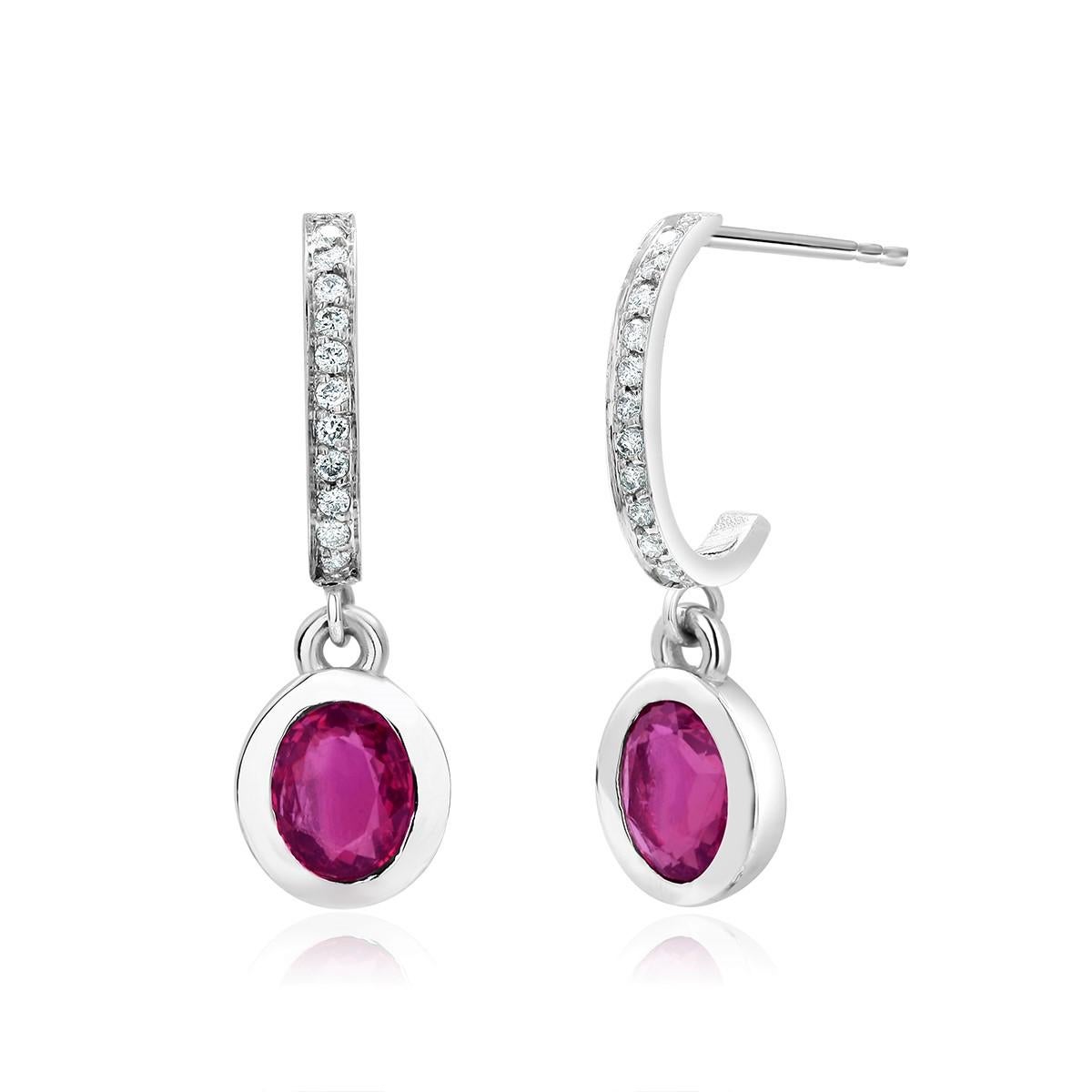 Contemporary Bezel Set Oval Ruby and Diamond Gold Drop Hoop Earrings
