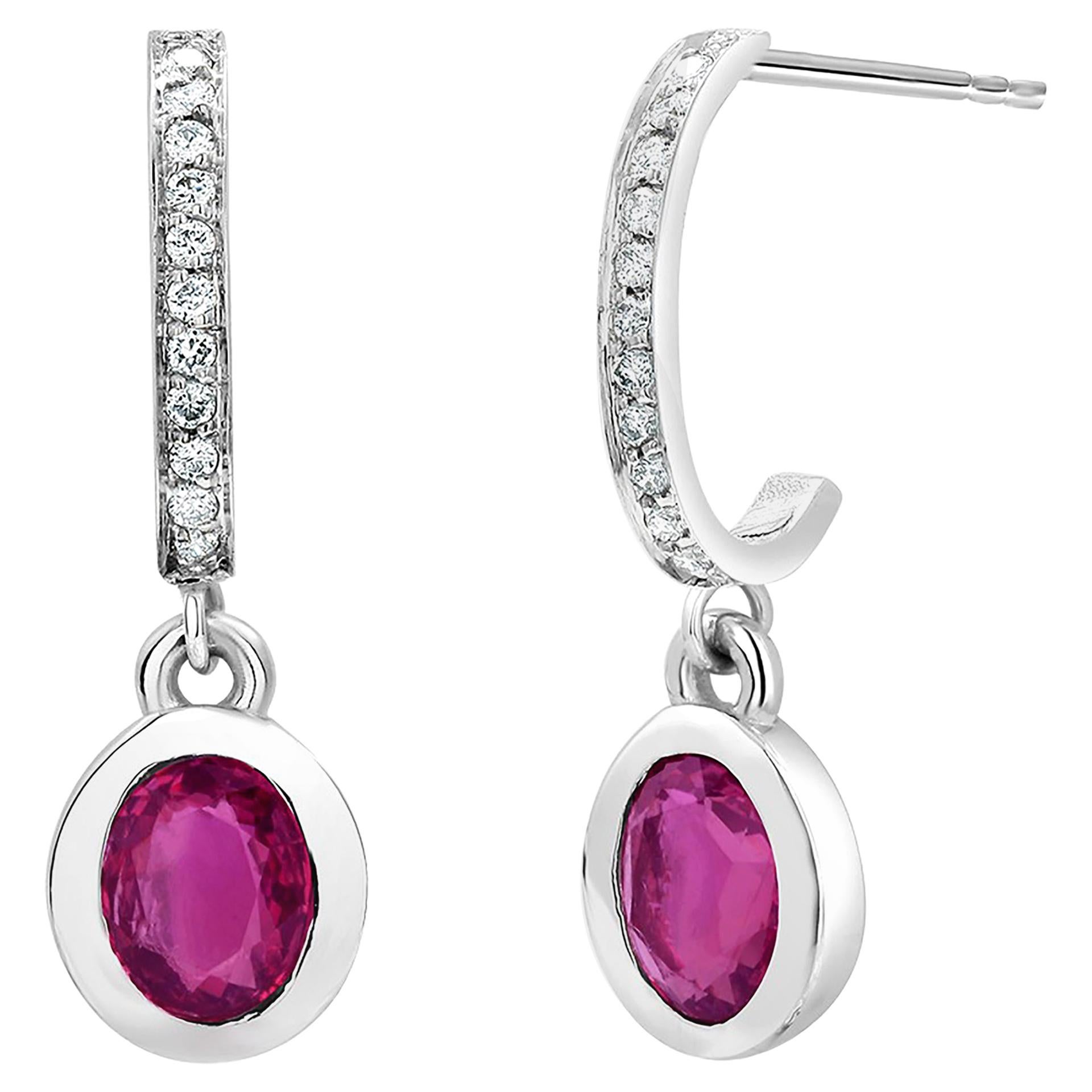 Bezel Set Oval Ruby and Diamond Gold Drop Hoop Earrings