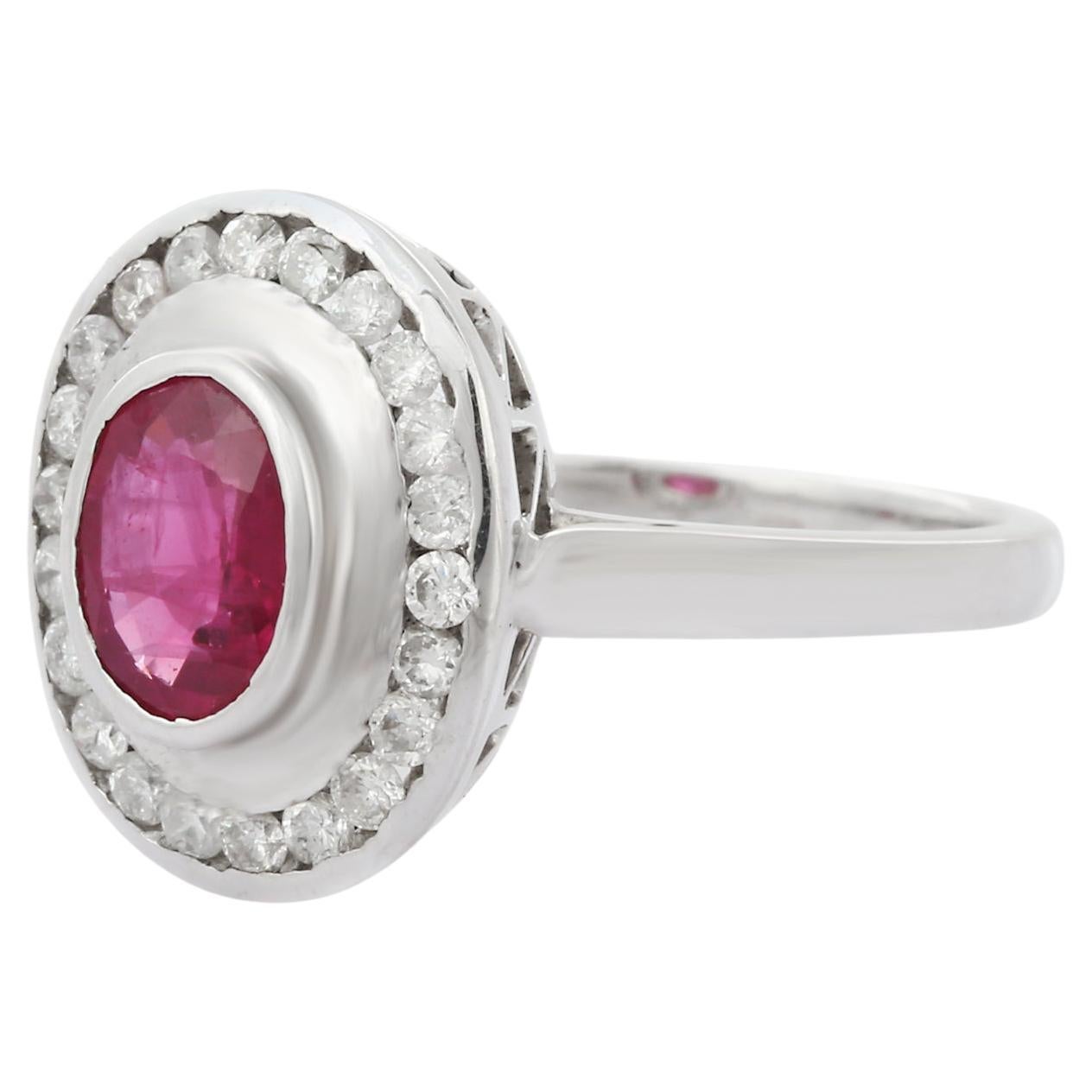 For Sale:  Bezel Set Oval Shape Ruby Diamond Cocktail Ring in 18K White Gold 5