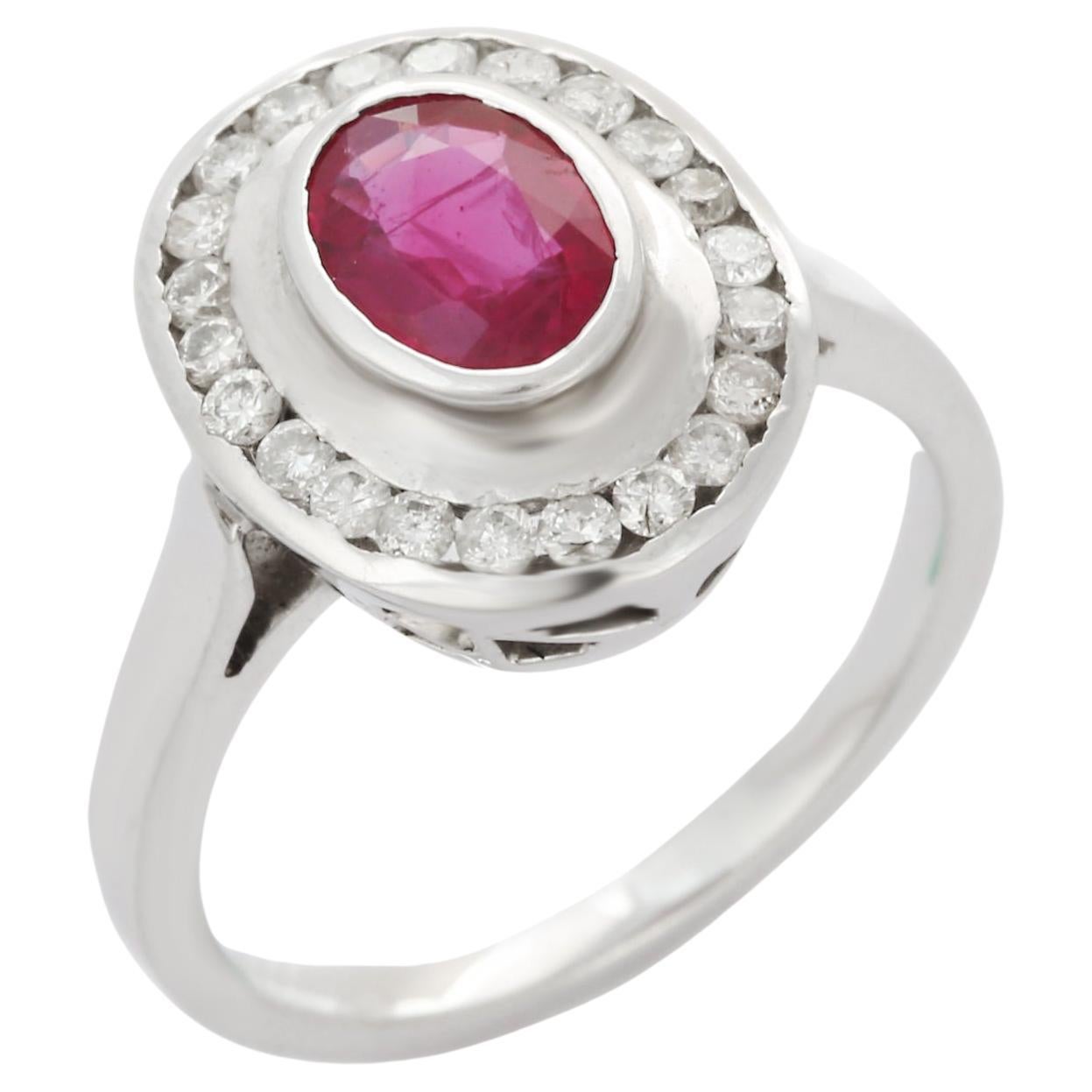 For Sale:  Bezel Set Oval Shape Ruby Diamond Cocktail Ring in 18K White Gold 6