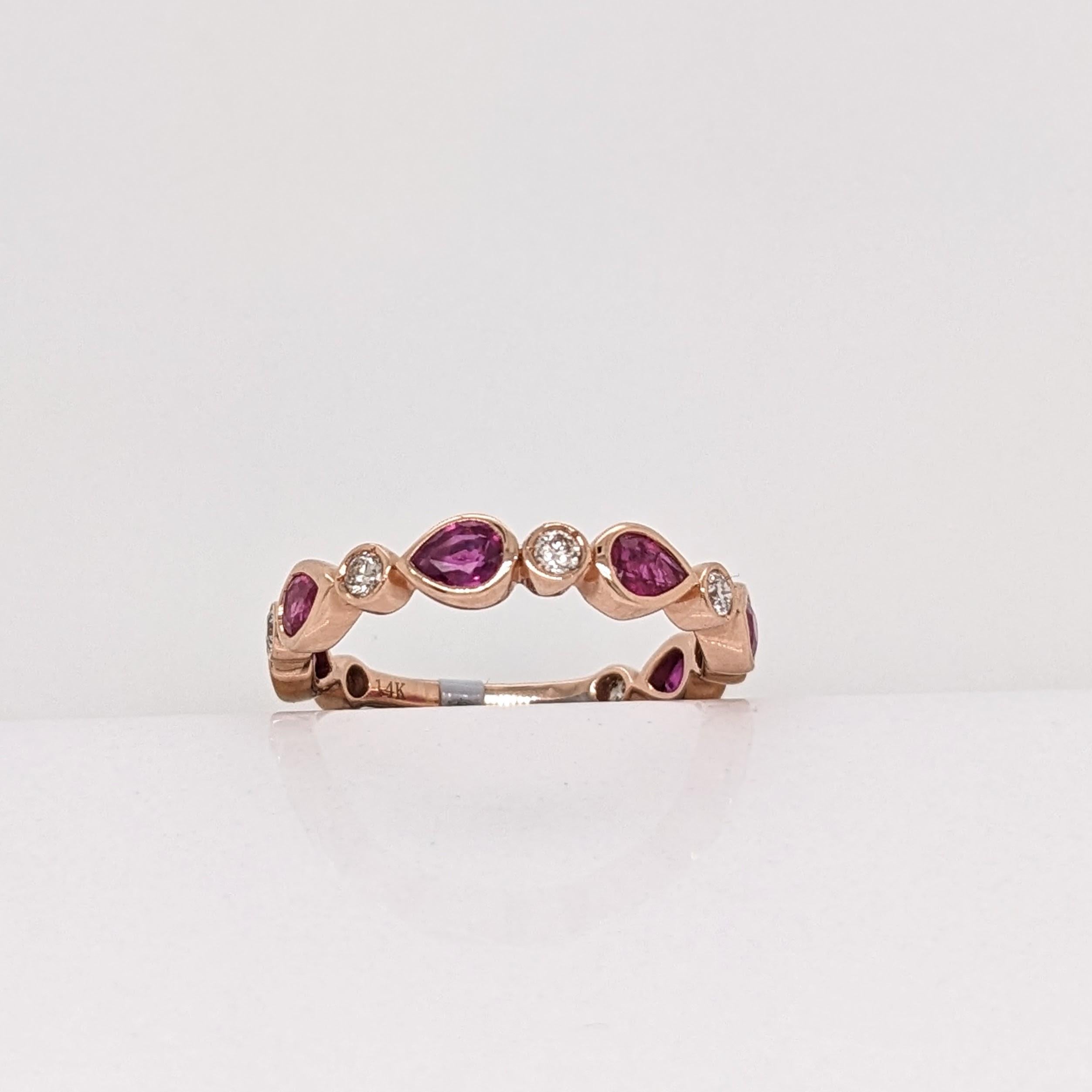 Modern Bezel Set Pear Shape Ruby Band Ring w Natural Diamonds in Solid 14k Rose Gold For Sale