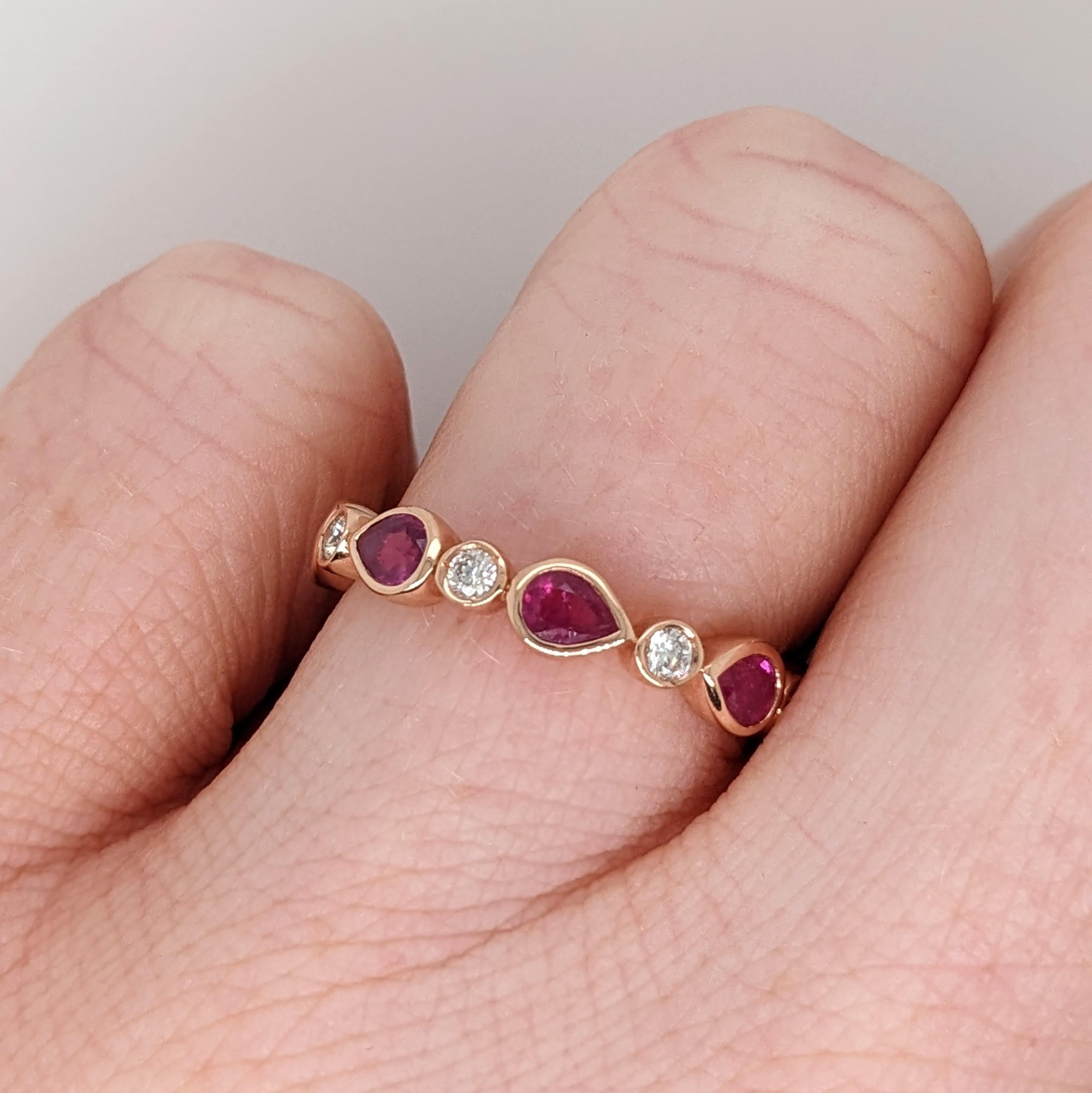 Bezel Set Pear Shape Ruby Band Ring w Natural Diamonds in Solid 14k Rose Gold For Sale 1