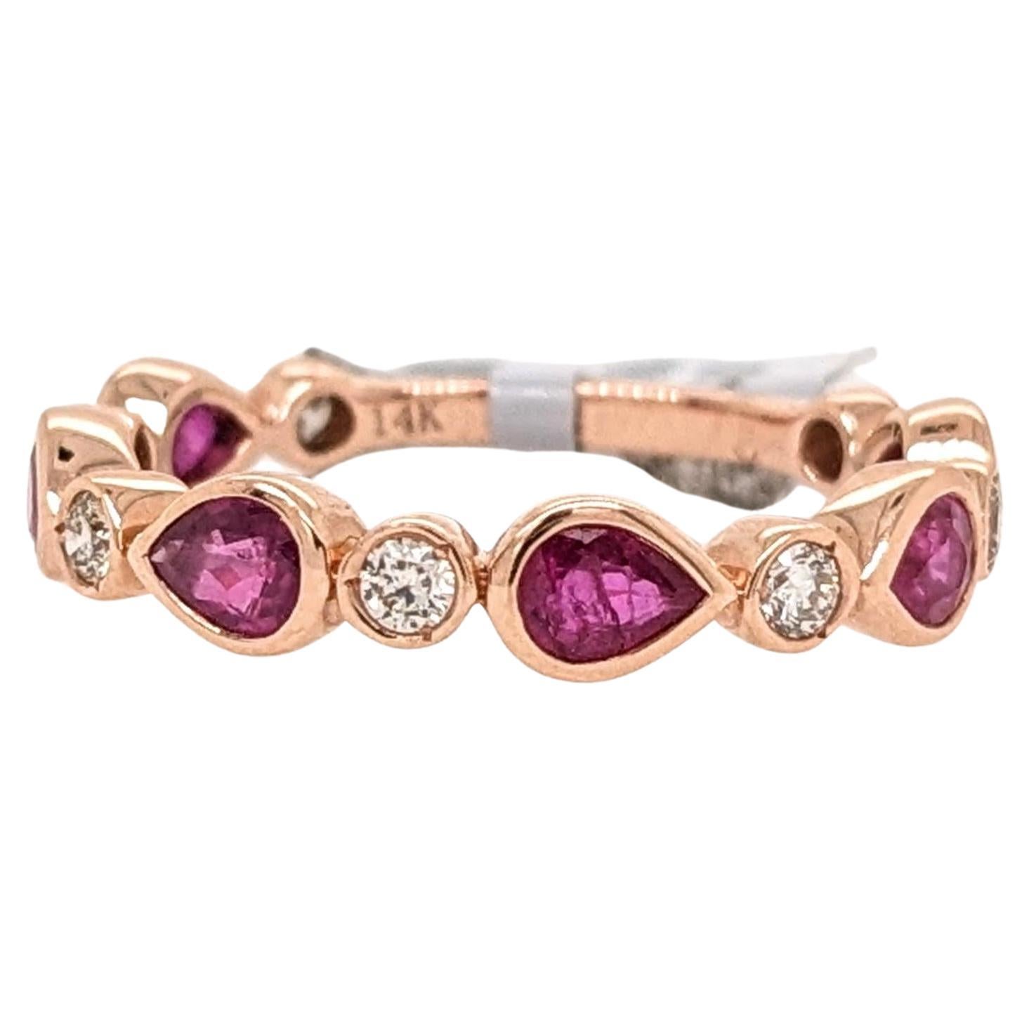 Bezel Set Pear Shape Ruby Band Ring w Natural Diamonds in Solid 14k Rose Gold