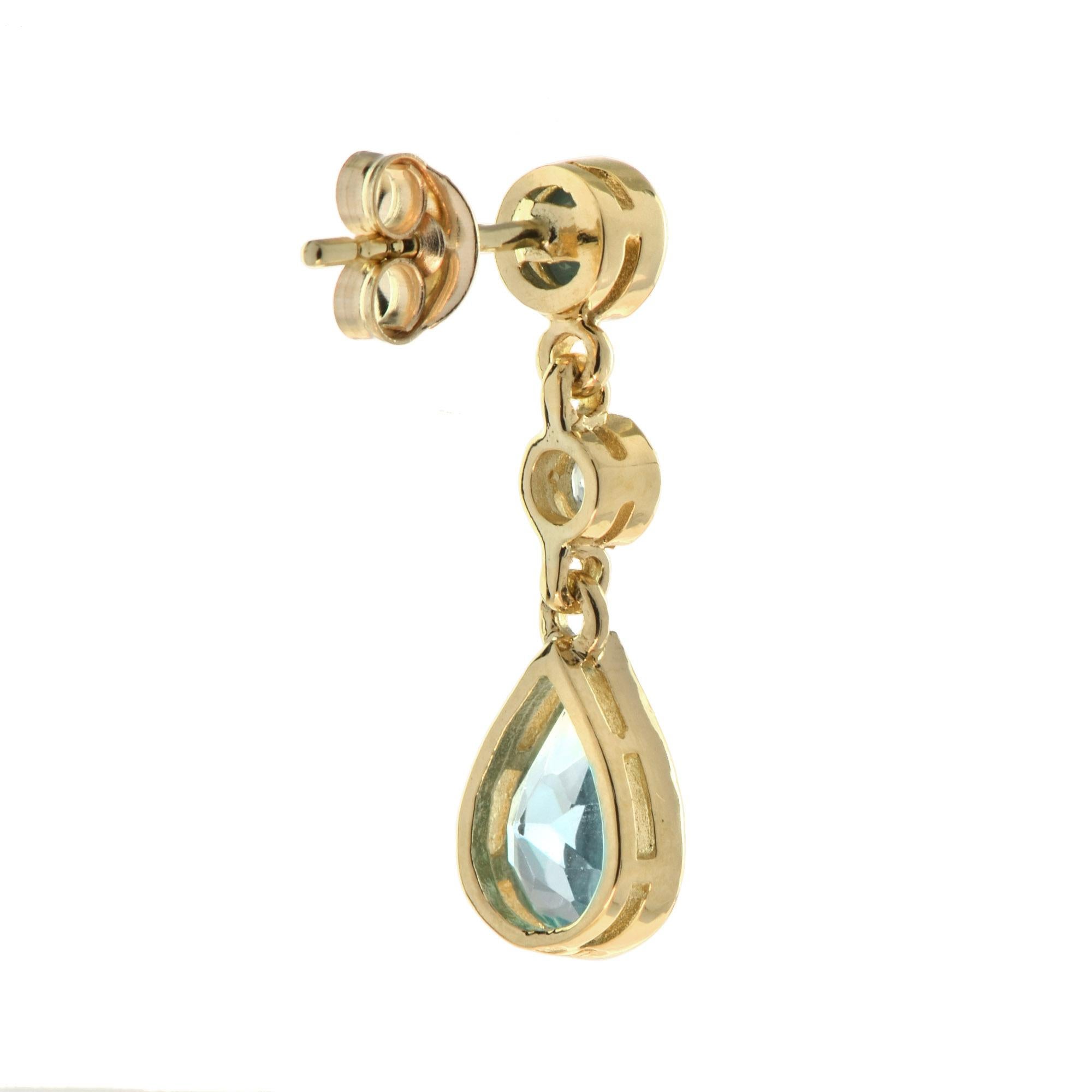 A beautiful pair of sky 2.70 carats blue topaz drop shapes suspended from round sky blue topaz.
Information
Width: 7 mm.
 Length: 24 mm.
 Weight: 3.50 g. (approx. total weight)
 Backing: Push Back
Center Gemstones
Type: Sky Blue Topaz
 Shape: Tear