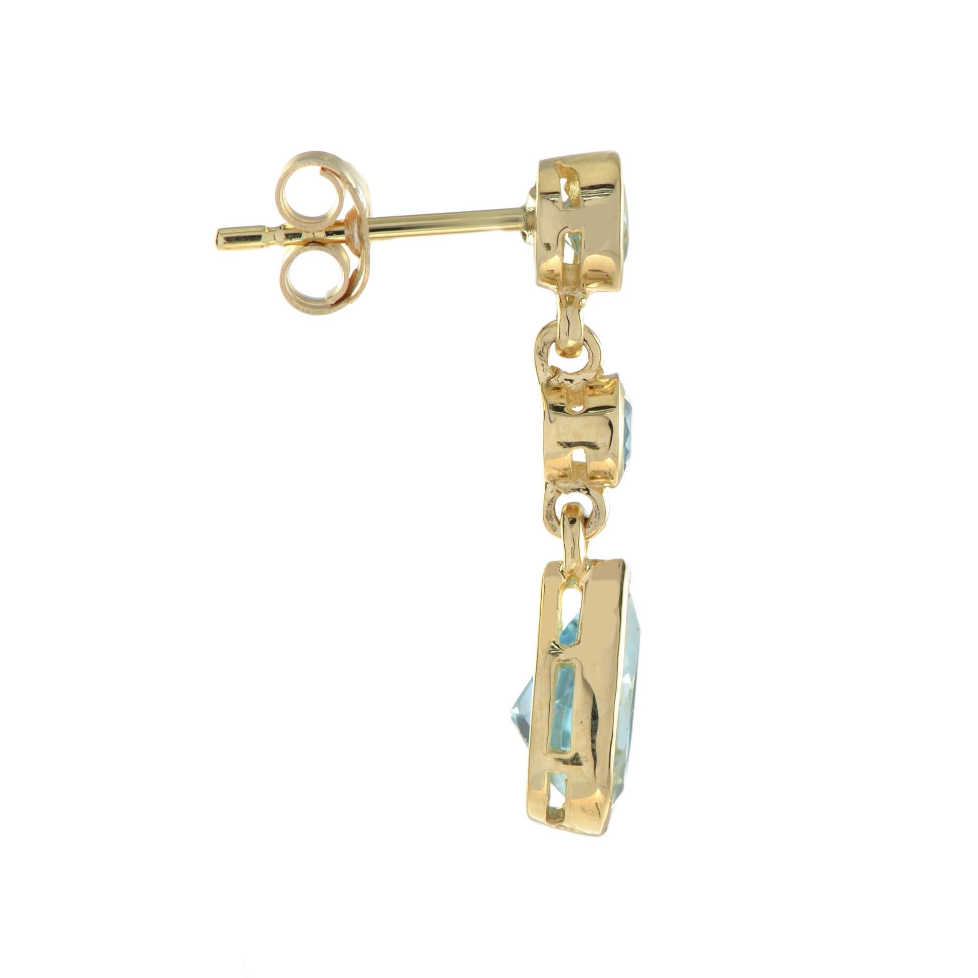 Pear Cut Bezel Set Pear Shaped Blue Topaz & Round Brilliant Drop Dangle Earrings For Sale