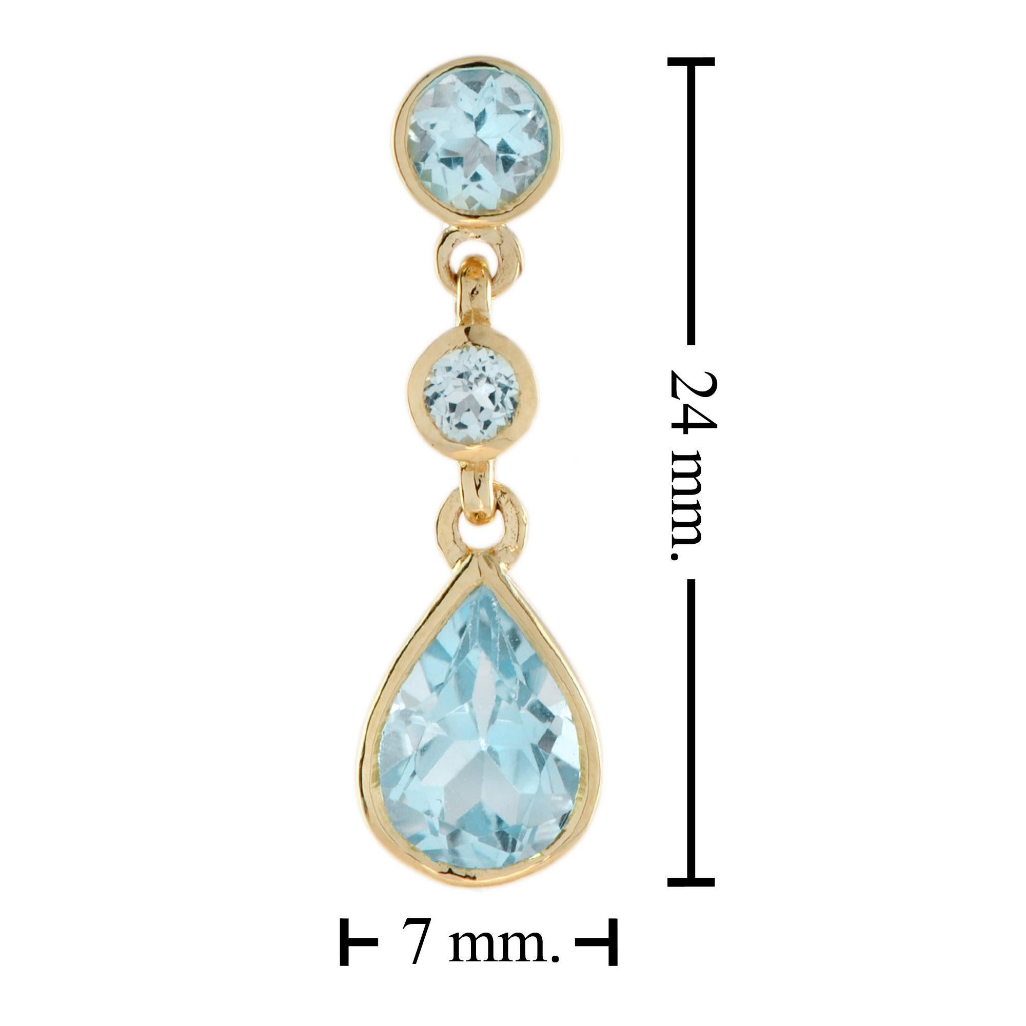 Women's Bezel Set Pear Shaped Blue Topaz & Round Brilliant Drop Dangle Earrings For Sale