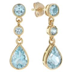 Bezel Set Pear Shaped Blue Topaz & Round Brilliant Drop Dangle Earrings