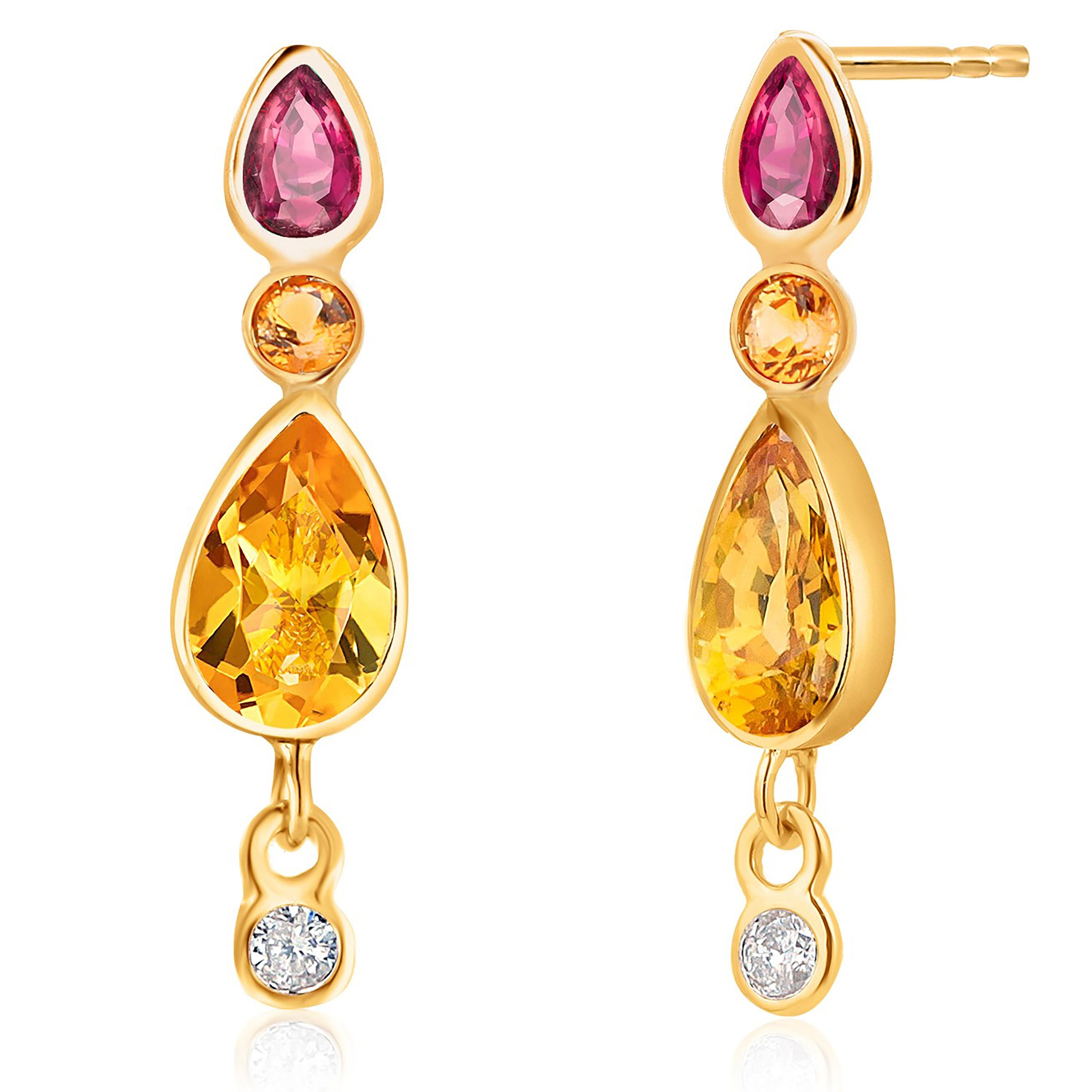 Bezel Set Pear Yellow Sapphires Rubies Diamonds 14 Karat Gold 0.80 Inch Earrings In New Condition For Sale In New York, NY