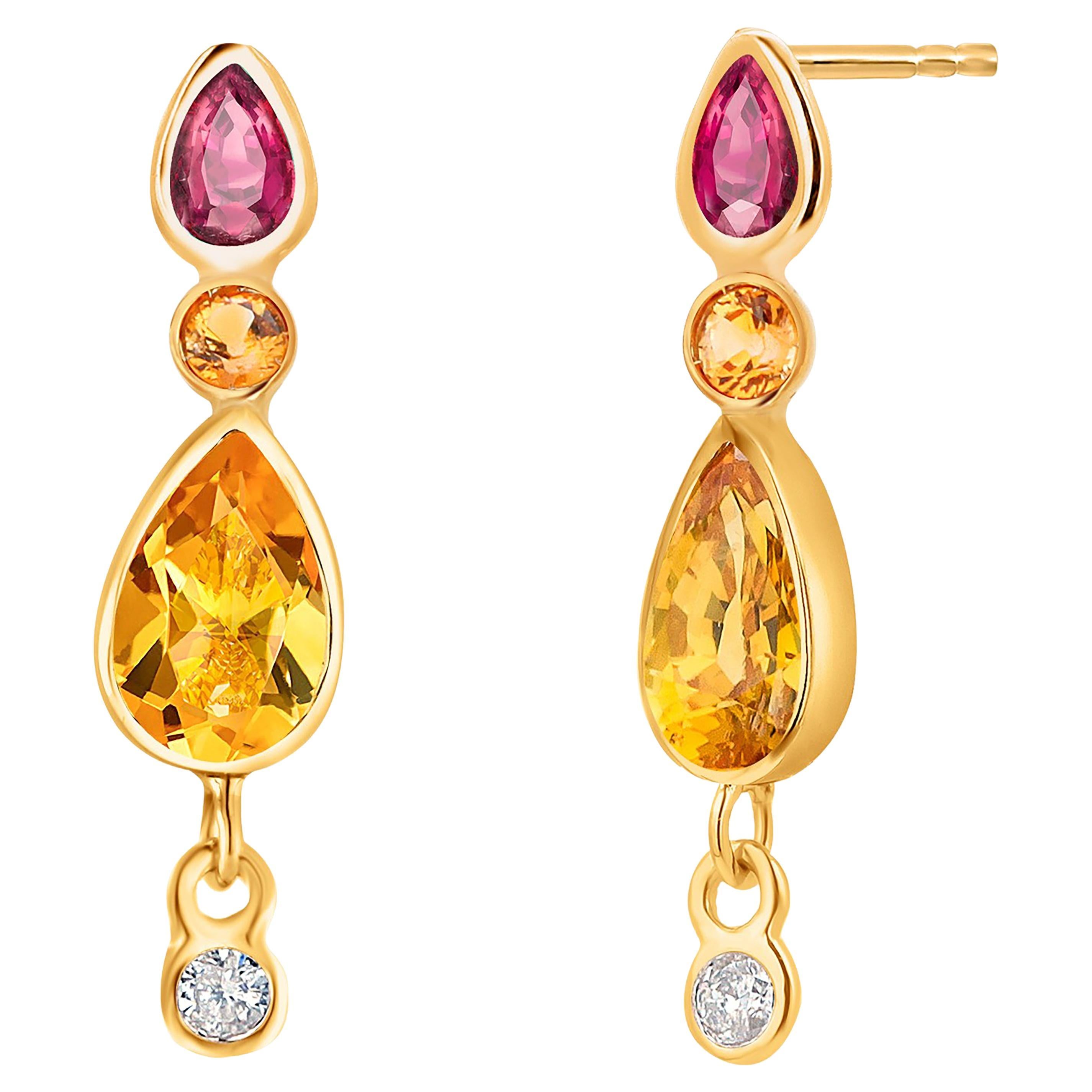 Bezel Set Pear Yellow Sapphires Rubies Diamonds 14 Karat Gold 0.80 Inch Earrings For Sale