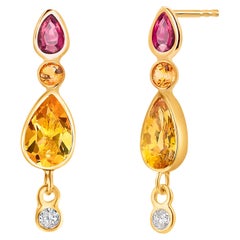 Pendientes Zafiros Amarillos Rubíes Diamantes Oro 14 Kilates Engastados 0.80 Pulgadas