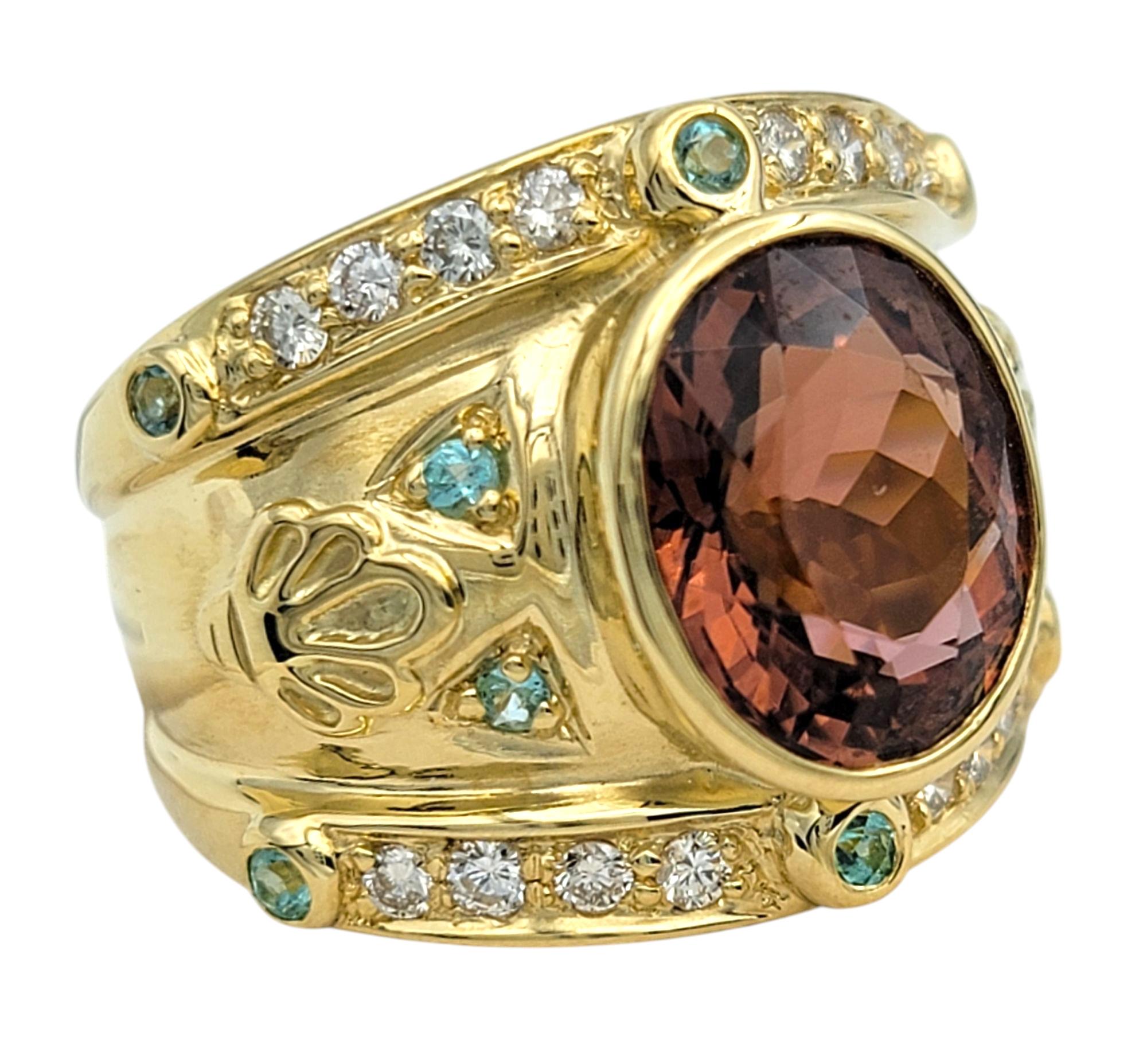 Ring Size: 6.25

A breathtaking fusion of rare gemstones and exquisite craftsmanship, this tourmaline and diamond ring is a true masterpiece. At its center, a striking dark pink oval-cut tourmaline captivates with its rich and vibrant hue, set in a