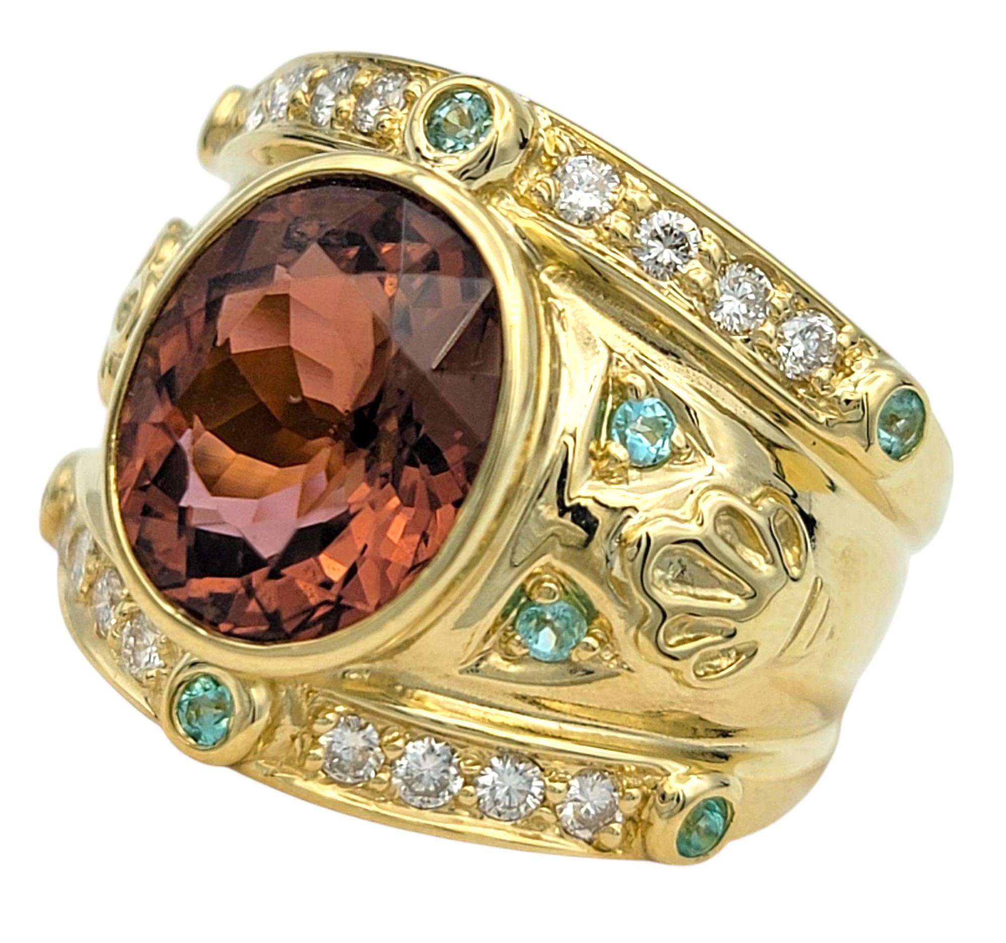 Contemporary Bezel Set Pink and Blue Tourmaline Etruscan Style 18K Band Ring with Diamonds For Sale