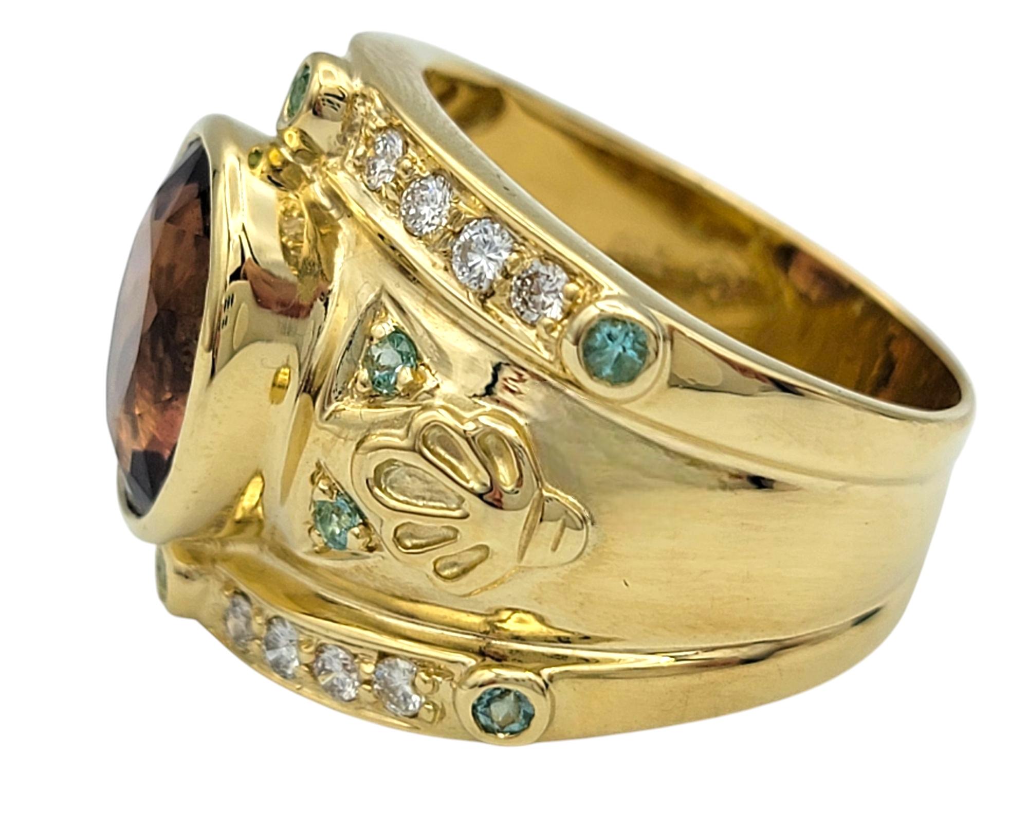 Oval Cut Bezel Set Pink and Blue Tourmaline Etruscan Style 18K Band Ring with Diamonds For Sale