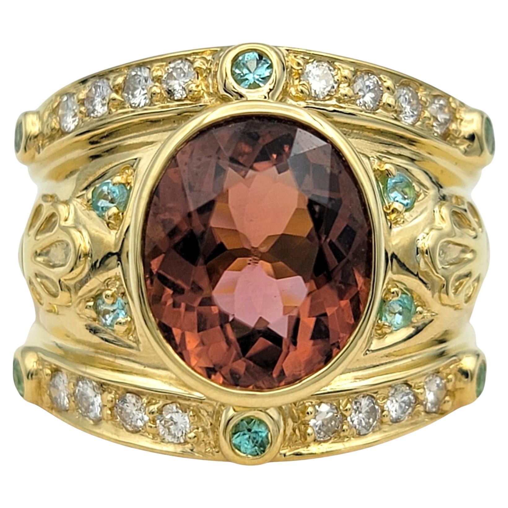 Women's or Men's Bezel Set Pink and Blue Tourmaline Etruscan Style 18K Band Ring with Diamonds For Sale