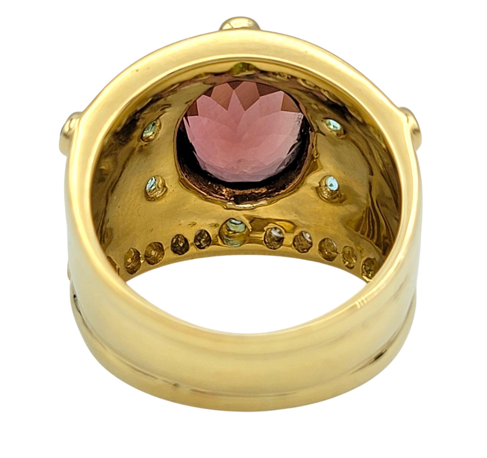 Bezel Set Pink and Blue Tourmaline Etruscan Style 18K Band Ring with Diamonds For Sale 1