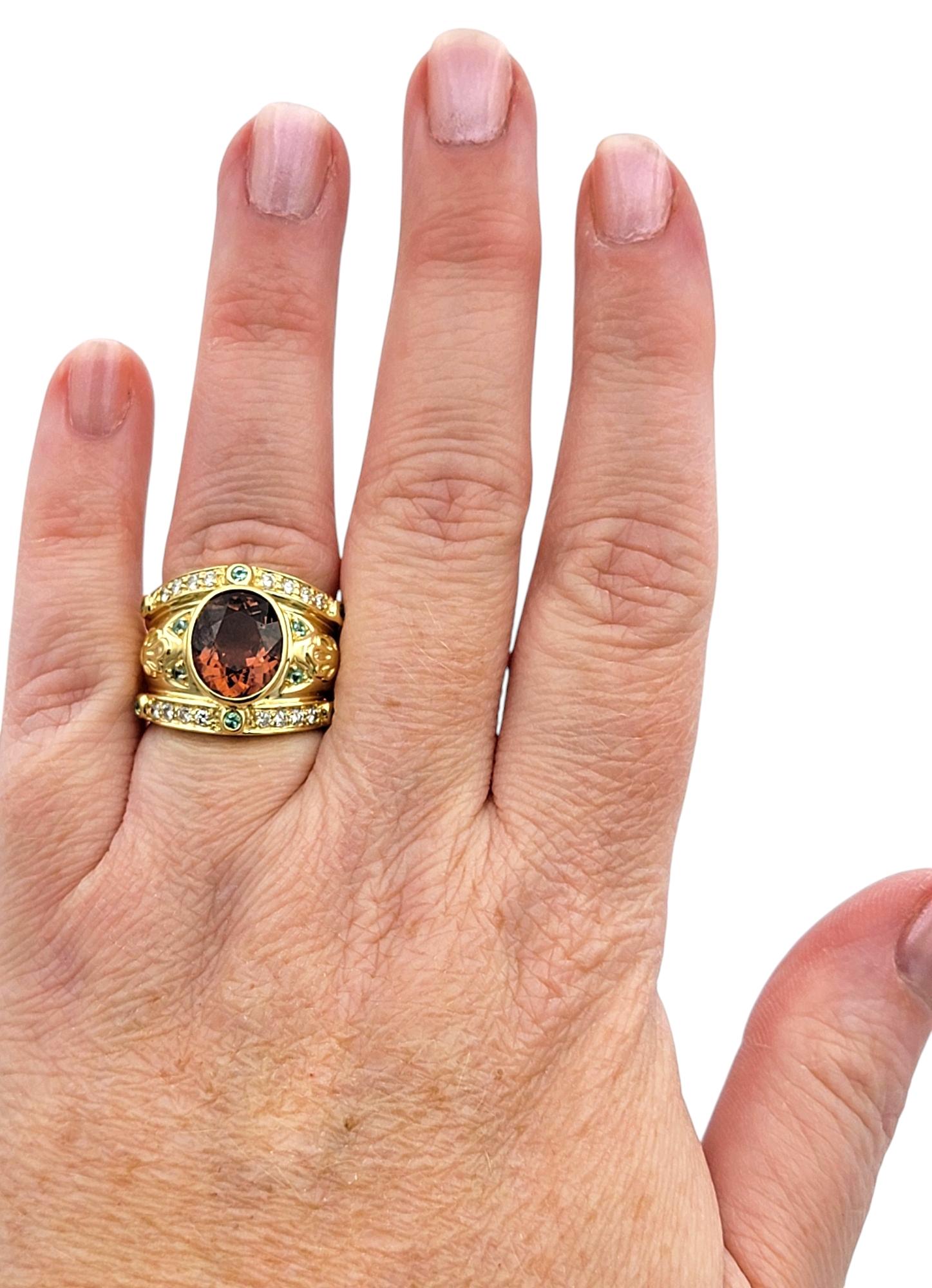 Bezel Set Pink and Blue Tourmaline Etruscan Style 18K Band Ring with Diamonds For Sale 3