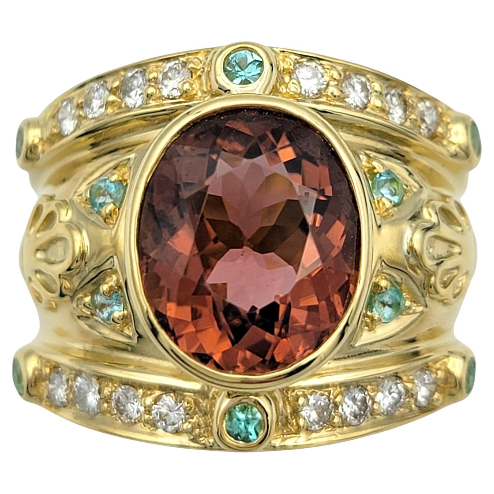 Bezel Set Pink and Blue Tourmaline Etruscan Style 18K Band Ring with Diamonds For Sale