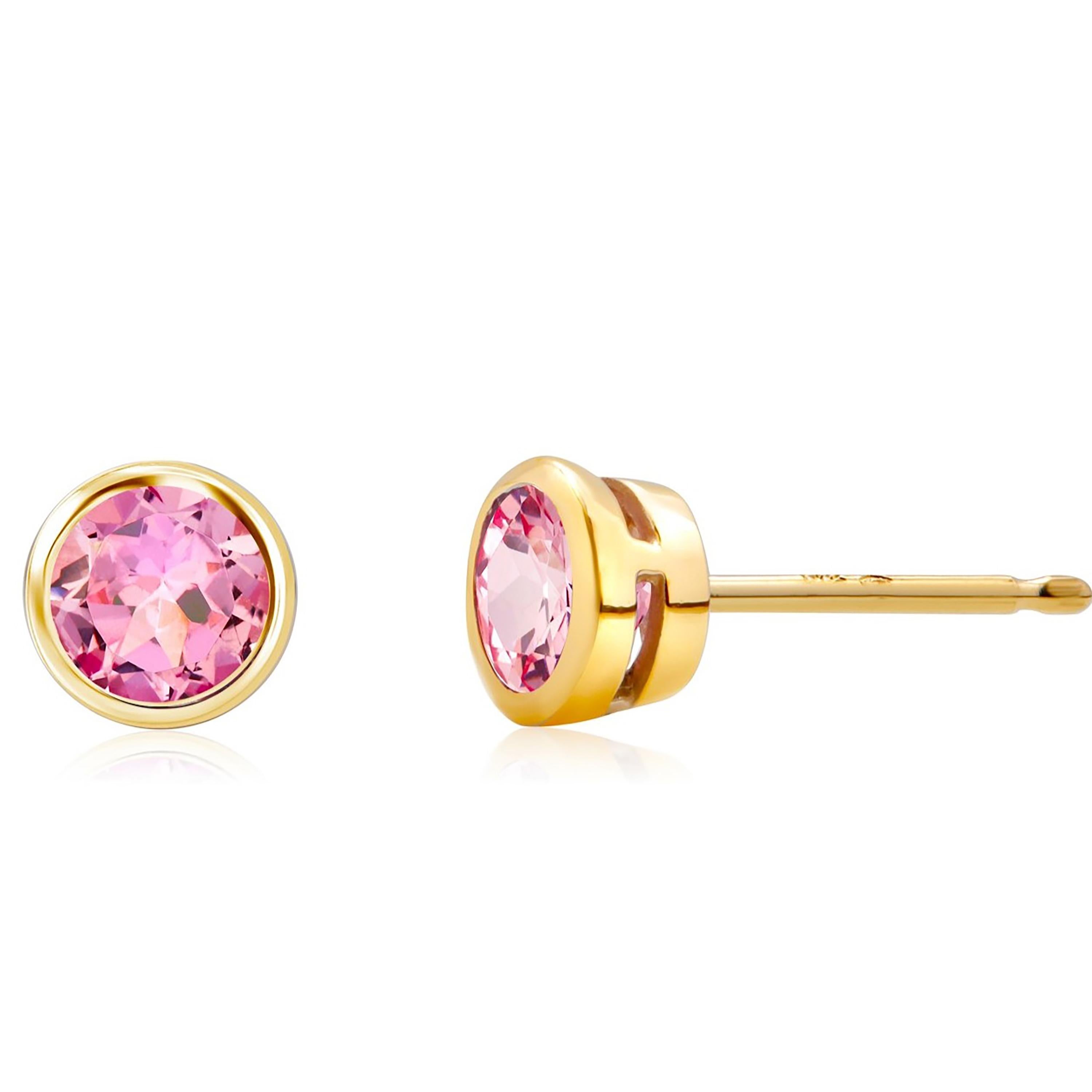 Round Cut Bezel Set Pink Sapphire 0.40 Carat 0.15 Inch Yellow Gold Stud Earrings  For Sale