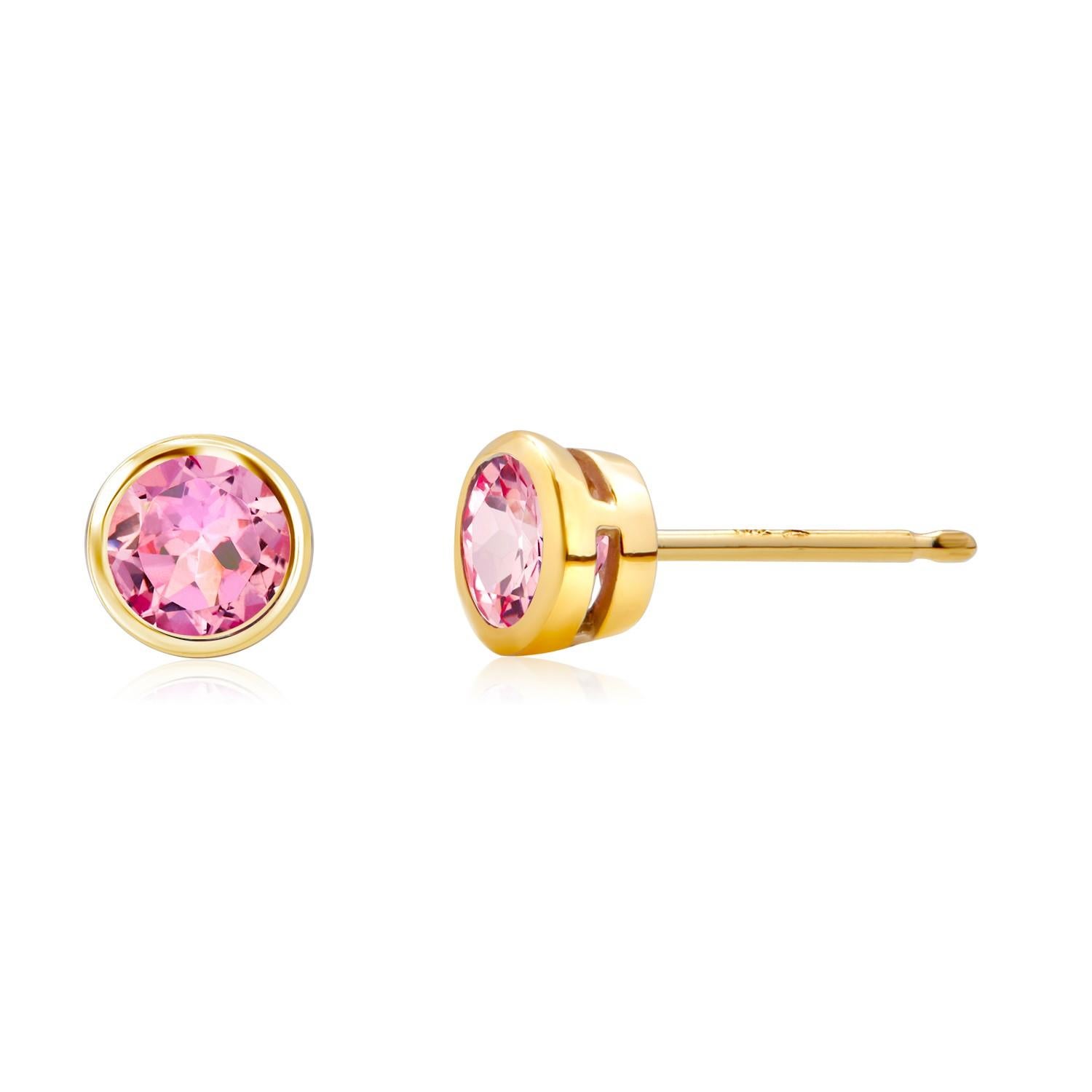 Women's or Men's Bezel Set Pink Sapphire 0.40 Carat 0.15 Inch Yellow Gold Stud Earrings  For Sale